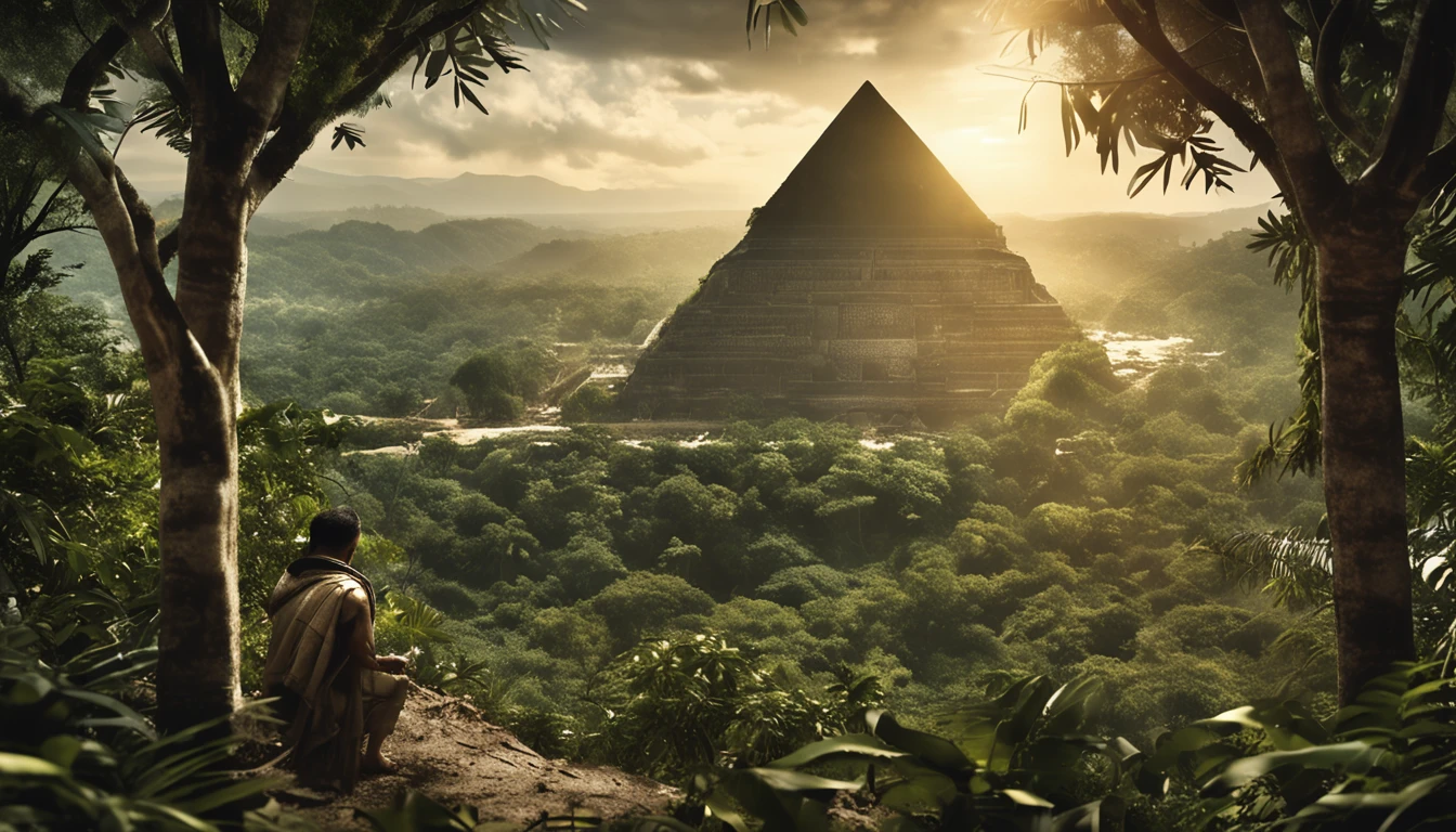 O Dourado, The lost city seen among the trees of a dense forest, A large golden pyramid seen from afar among the trees of an enclosed forest shining with sunlight, fotografia realista, A man in the middle of the closed jungle with a machete looks at the city and continues cutting through the forest to reach the lost city.