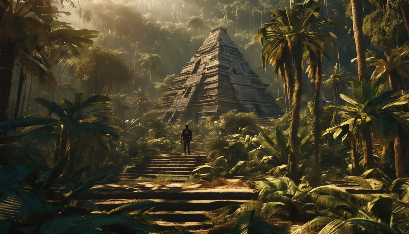 O Dourado, The lost city seen among the trees of a dense forest, A large golden pyramid seen from afar among the trees of an enclosed forest shining with sunlight, fotografia realista, A man in the middle of the closed jungle with a machete looks at the city and continues cutting through the forest to reach the lost city.