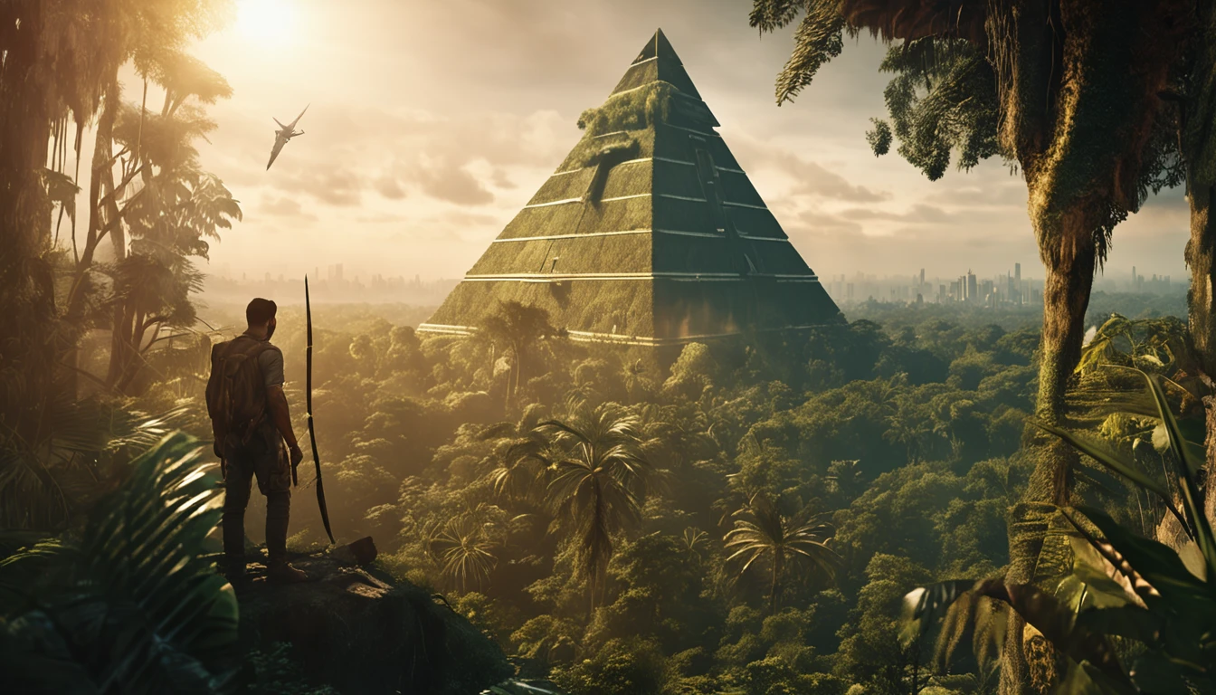 O Dourado, The lost city seen among the trees of a dense forest, A large golden pyramid seen from afar among the trees of an enclosed forest shining with sunlight, fotografia realista, A man in the middle of the closed jungle with a machete looks at the city and continues cutting through the forest to reach the lost city.