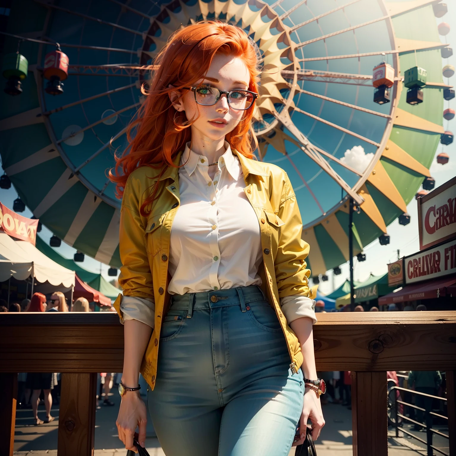 A very good looking 28 year old ginger haired female with large green eyes, glasses and heavily freckled pale skin. Carnival. Ferris wheel. Festival. Bright. Colourful. Fully clothed. Nice clothing. Petite. collared shirt. Jacket. Slim. Narrow hips