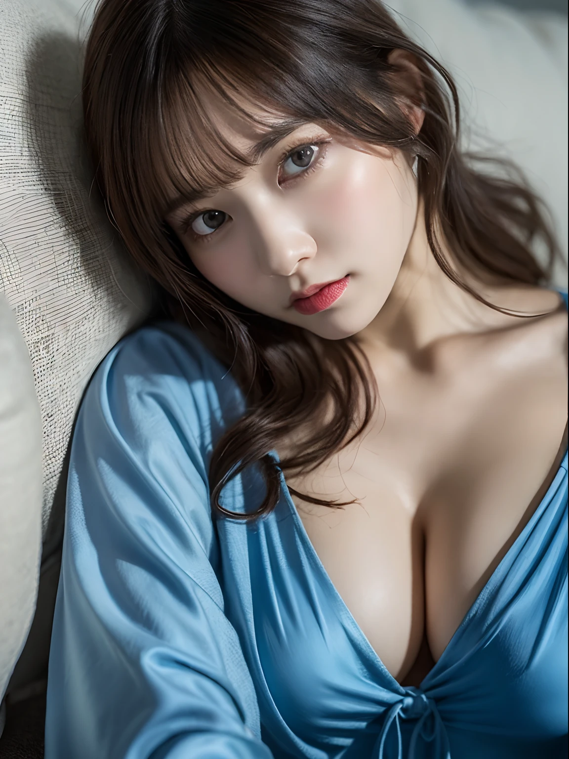 Highly detailed CG Unity 8k wallpaper, With the highest quality, super detailed, master piece, Realistic, photos realistic, extremely detailed cute girl, 25 years old, (Blue Nightgown), (blush) , Round eyes, Large breasts, looking viewer, Half body shot , bed , lay down , Curly hair