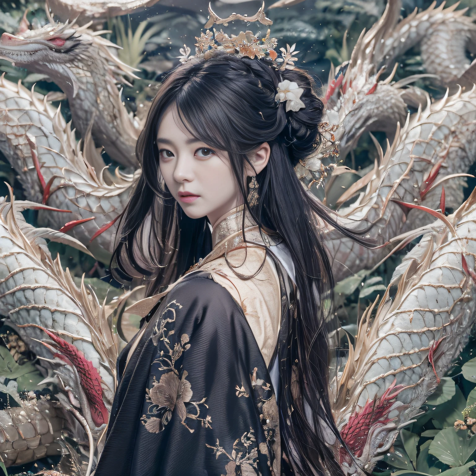 32K（tmasterpiece，k hd，hyper HD，32K）Long flowing black hair，ponds，zydink， a color，  Asian people （Silly girl）， （Silk scarf）， Combat posture， looking at the ground， long whitr hair， Floating hair， Dragon pattern headdress， Chinese long-sleeved clothing， （abstract ink splash：1.2）， white backgrounid，Lotus flowers flying（realisticlying：1.4），Black color hair，Snowflakes fluttering，The background is pure， A high resolution， the detail， RAW photogr， Sharp Re， Nikon D850 Film Stock Photo by Jefferies Lee 4 Kodak Portra 400 Camera F1.6 shots, Rich colors, ultra-realistic vivid textures, Dramatic lighting, Unreal Engine Art Station Trend, cinestir 800，Long flowing black hair