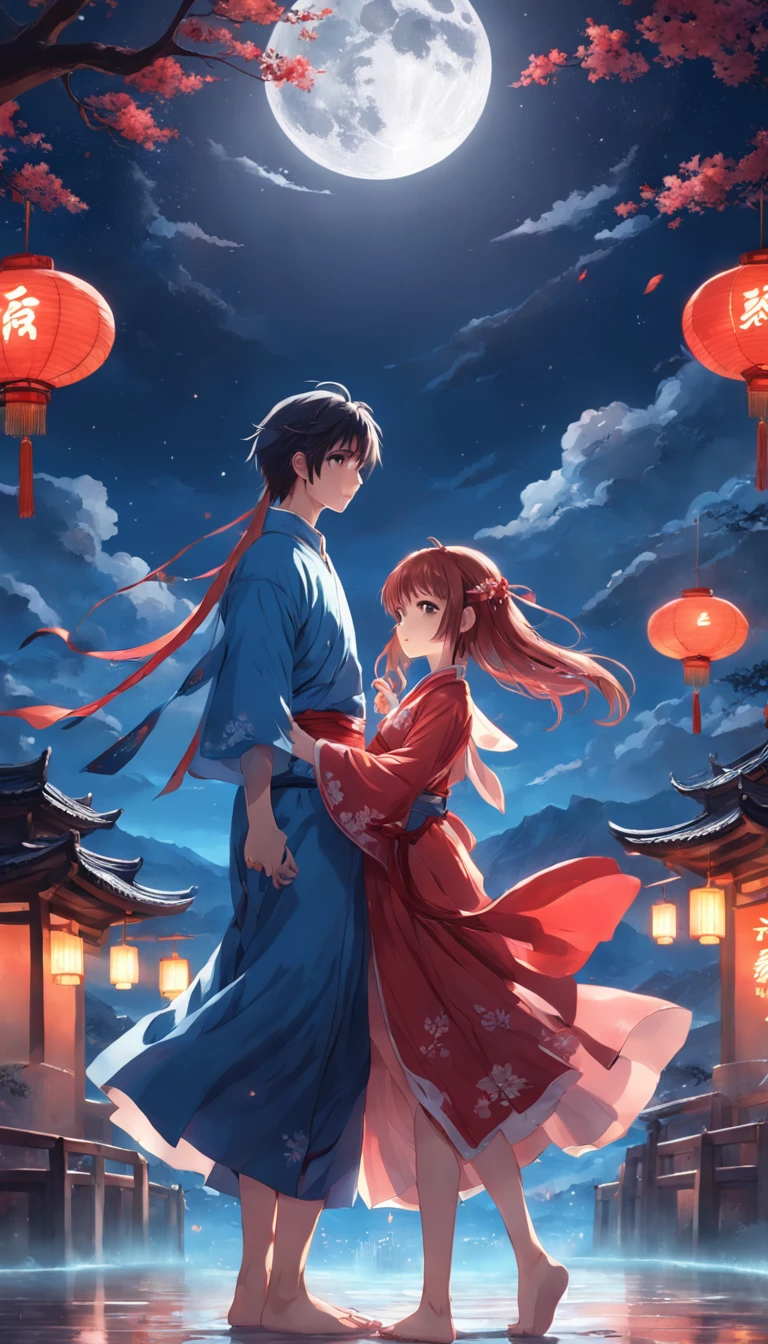 （in a panoramic view，magic realism， anime big breast，Masterpiece, hyper HD, Super detail, High details, Best quality, A high resolution, A high resolution, Award-Awarded, Award-Awarded, Anatomically correct, 8K，），（A girl and a boy hold hands on a bridge，Full moon，holding hands in the moonlight，Peaceful night sky in the background，Traditional romance, xianxia fantasy, Chinese fantasy, beautiful moonlight night, Chinese style, moonlit night dreamy atmosphere），（Boy in blue and anime girl in red dress：1.5，Delicate girl，beuaty girl，Chinese Hanfu，inspired by Leng Mei，Romantic atmosphere：1.5，Cinematic lighting，Chinese premium color scheme）