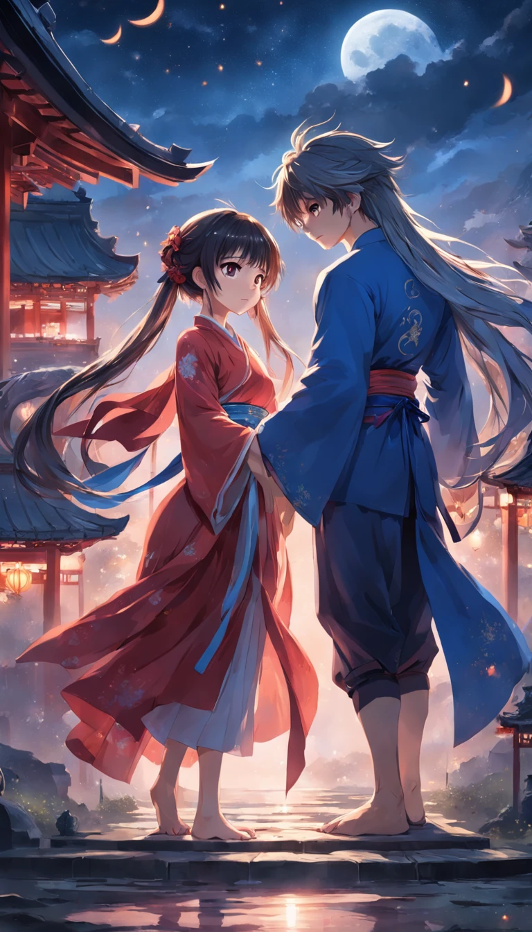 (in a panoramic view,magic realism, anime big breast,Masterpiece, hyper HD, Super detail, High details, Best quality, A high resolution, A high resolution, Award-Awarded, Award-Awarded, Anatomically correct, 8K,),(A girl and a boy hold hands on a bridge,Full moon,holding hands in the moonlight,Peaceful night sky in the background,Traditional romance, xianxia fantasy, Chinese fantasy, beautiful moonlight night, Chinese style, moonlit night dreamy atmosphere),(Boy in blue and anime girl in red dress:1.5,Delicate girl,beuaty girl,Chinese Hanfu,inspired by Leng Mei,Romantic atmosphere:1.5,Cinematic lighting,Chinese premium color scheme)