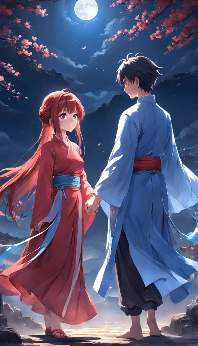 (in a panoramic view,magic realism, anime big breast,Masterpiece, hyper HD, Super detail, High details, Best quality, A high resolution, A high resolution, Award-Awarded, Award-Awarded, Anatomically correct, 8K,),(A girl and a boy hold hands on a bridge,Full moon,holding hands in the moonlight,Peaceful night sky in the background,Traditional romance, xianxia fantasy, Chinese fantasy, beautiful moonlight night, Chinese style, moonlit night dreamy atmosphere),(Boy in blue and anime girl in red dress:1.5,Delicate girl,beuaty girl,Chinese Hanfu,inspired by Leng Mei,Romantic atmosphere:1.5,Cinematic lighting,Chinese premium color scheme)