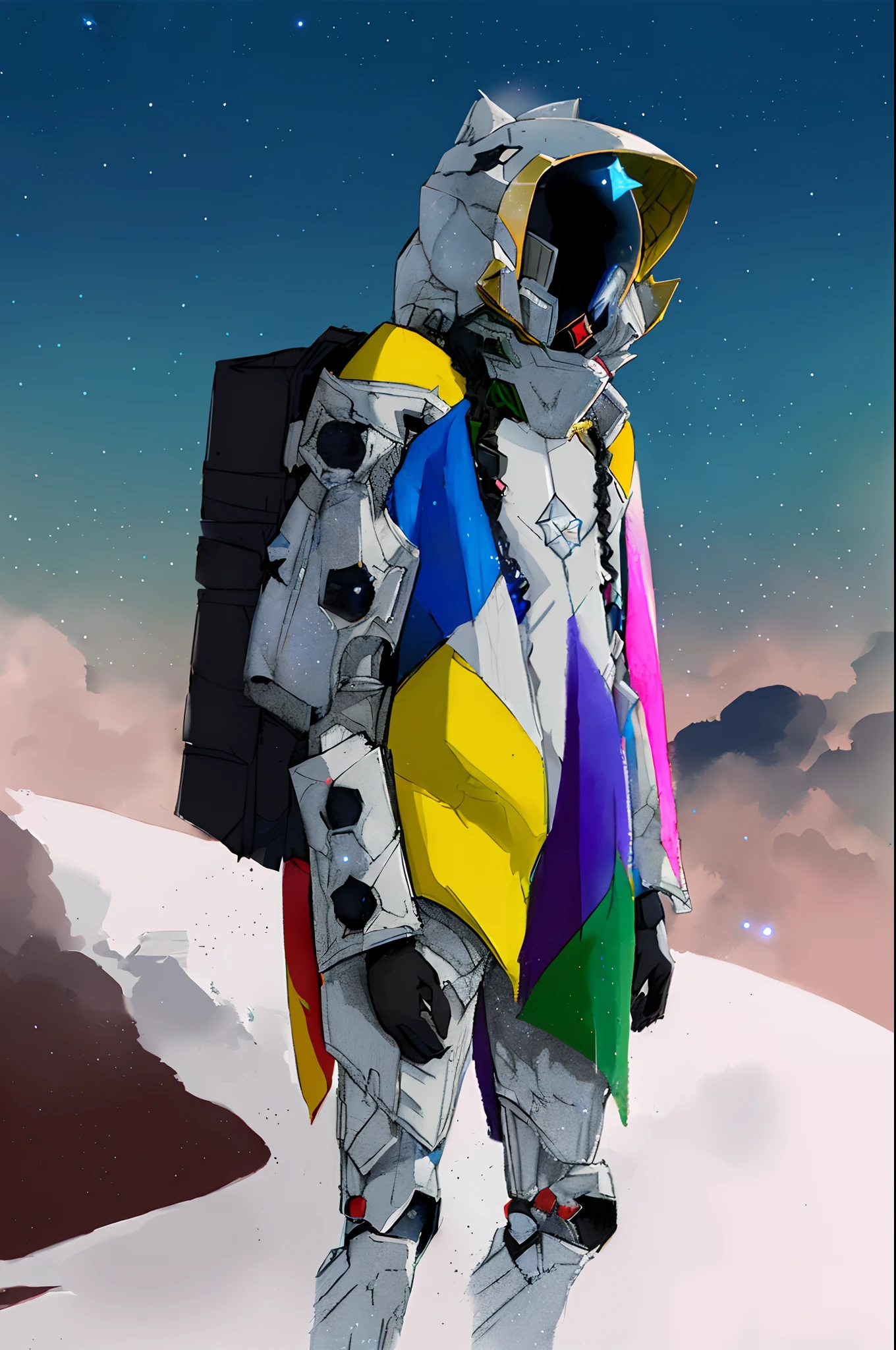 Superhero mecha (faceless:1.5) anime goddess wearing star armor, star boss, blue, white background, red,(black and white:1.5), artwork, (masterpiece:1.3) , (starry:1.3) background, cloudy and misty gradient background