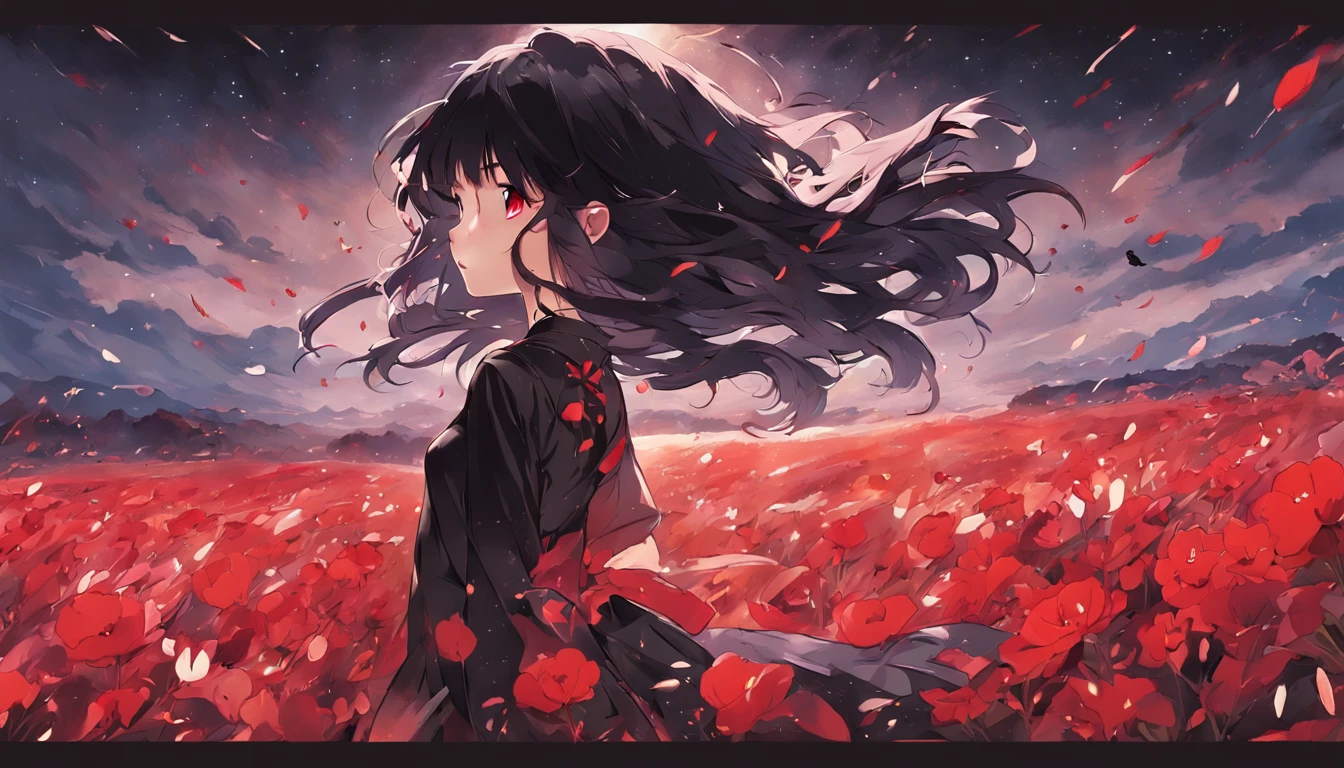 1girl, black hair, long hair, black eyes, black dress, red moon, black flower field