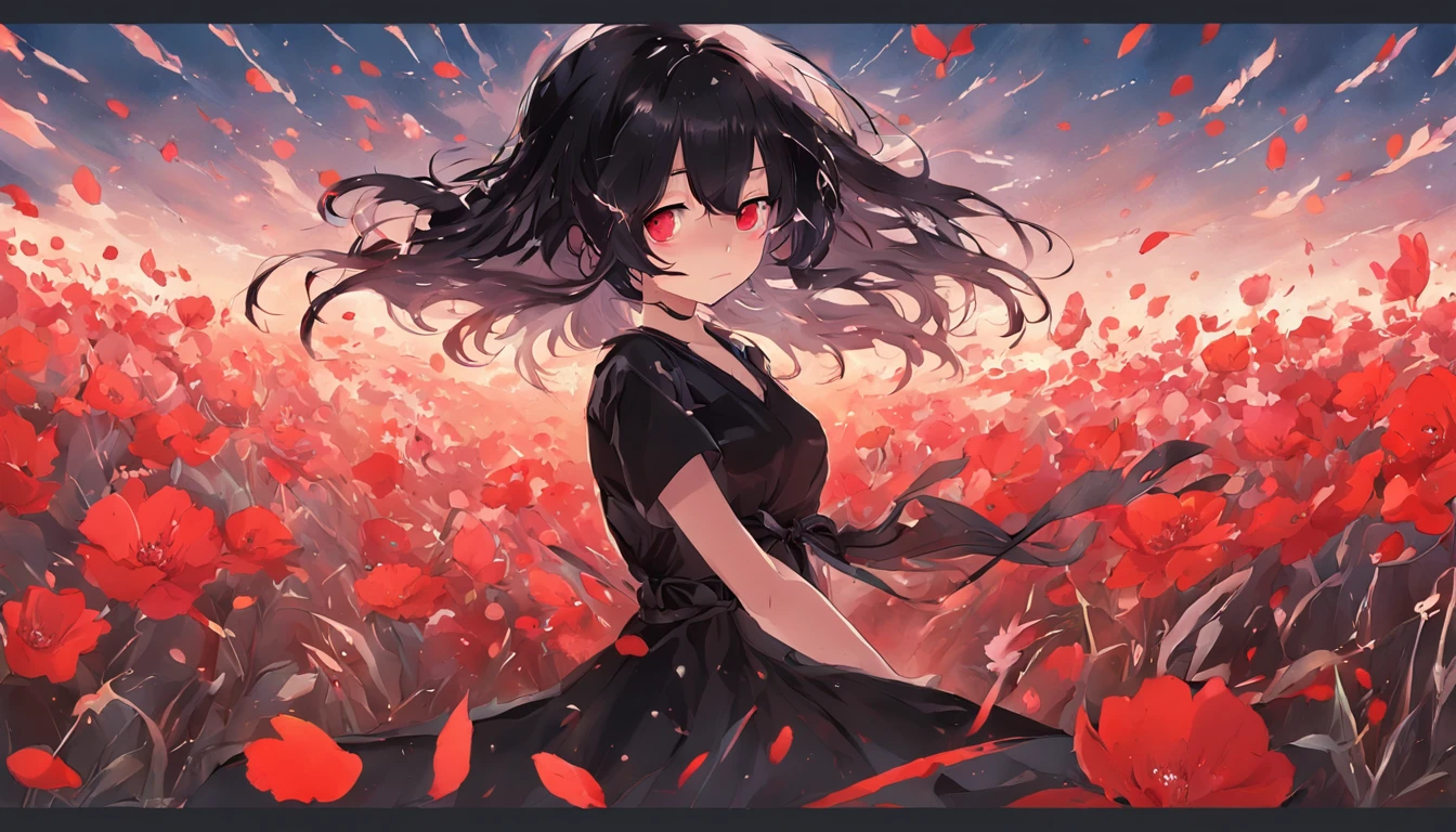1girl, black hair, long hair, black eyes, black dress, red moon, black flower field