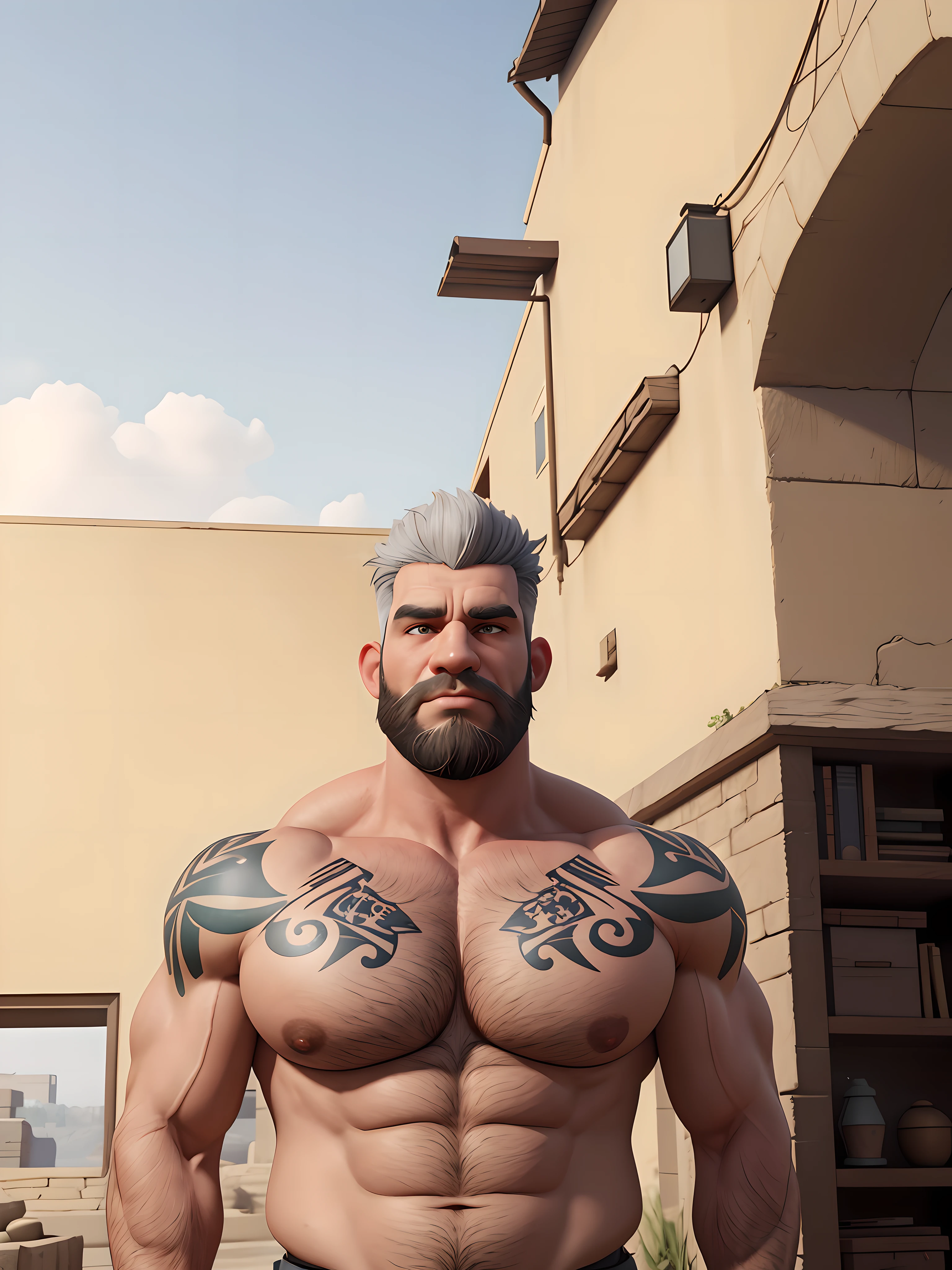 A muscular (Pakistani) alpha beefy massive pumped old muscle daddy with big arms, pectorals and thick thighs, huge beard, grey hair, with tattoos covering  and abdomen, realistic, 8k, 3d render, unreal engine, NVIDIA, RTX 4090, by Greg Rutkowski, hyperrealistic, dynamic pose