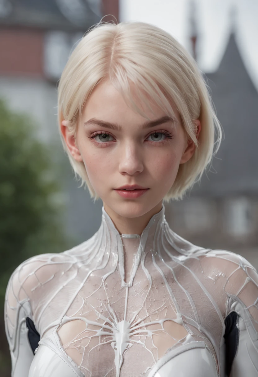 18 yo girl, white spider man suit, short blunt hair, blonde, beautiful face, rain, roof, masterpiece, intricate detail, perfect anatomy