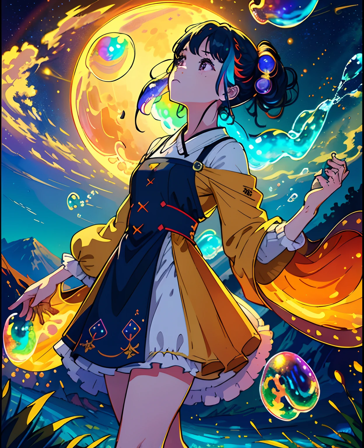 (Masterpiece), (Best Quality), (Official Art, Highly Detailed CG Unity 8k Wallpaper), (Very Detailed), (((Absurd)), 1 Girl, Midshot, (Exquisite Facial Features), (Serafuk: 1.3) ((SFW)), ((Clean Hands)), (White Neeso without shoes)), Aqua Eye, Colored Contact Lenses, Stars in the Eyes, (((((Colorful Bubbles)))), Colorful Glass, (Album cover) Vast landscape photo, (sky up, field below), girl standing in a flower field and looking up, (full moon: 1.2), (meteor: 0.9), (nebula: 1.3), distant mountains, trees BREAK craft art, (warm light: 1.2), (fireflies: 1.2), lights, lots of purple and orange, intricate details, voluminous lighting, realism BREAK (masterpiece (Best Quality), 4k, Ultra Detail, (Dynamic Composition: 1.4), Very Detailed, Colorful Details, (Rainbow Color: 1.2), (Glow Lighting, Atmospheric Lighting), Dreamy, Magical, (Solo: 1.2)