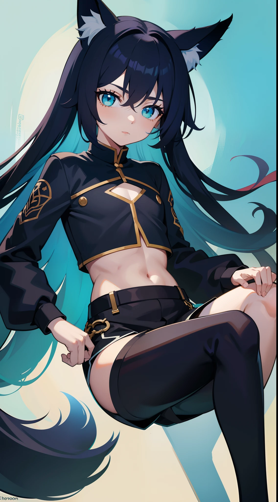 young boy, long blue hair, Fox ears, Green eyes, black skintight clothes, Shorts, open belly, Masterpiece, hiquality