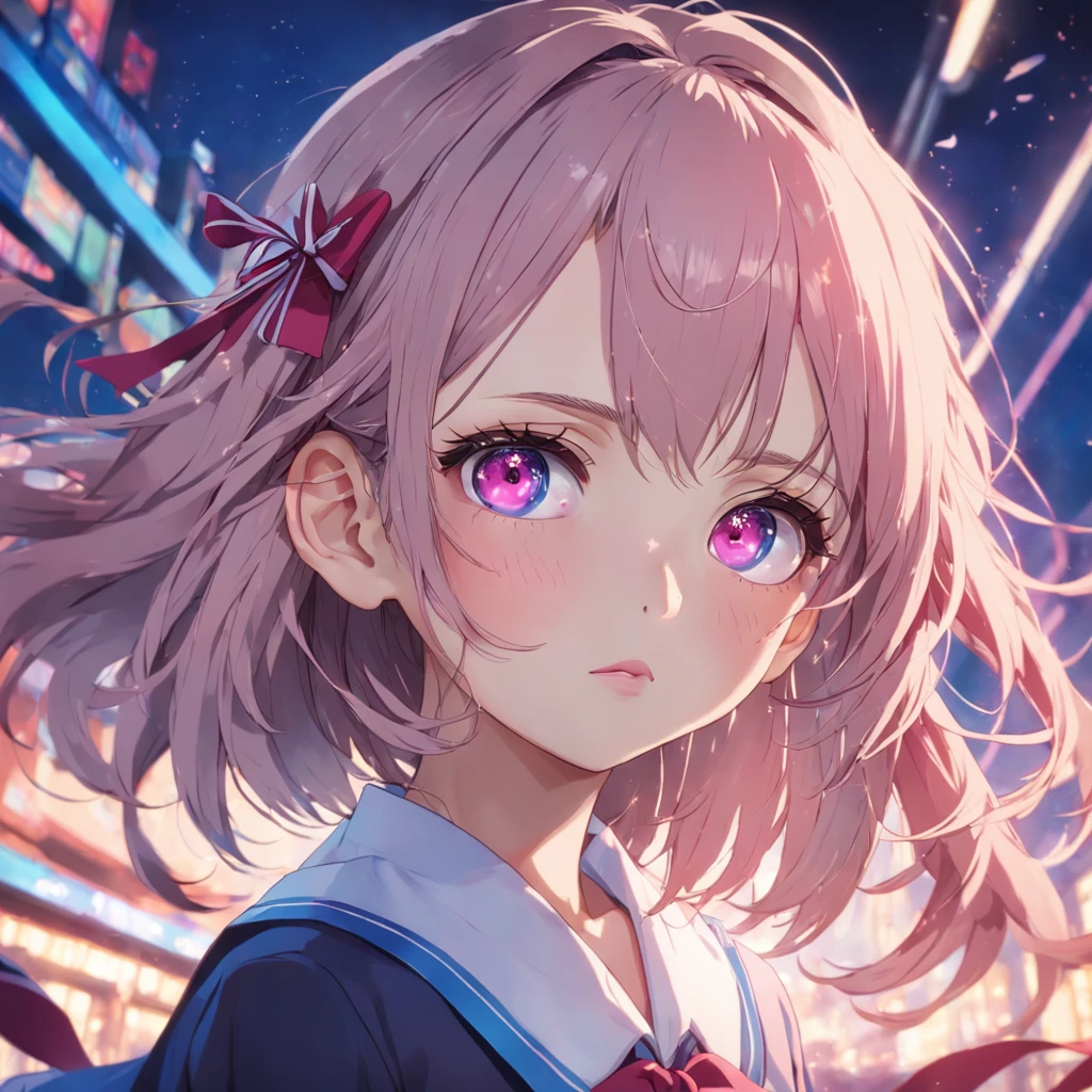 masterpiece, best quality, one girl (colorful), (beautiful finely detailed eyes and detailed face), gentle and beautiful girl, half-lengh photo, double eyelid, vivid eyes, pink lips, small nose, focused face, close-up face, ultra-high-definition, high school uniform (clothes with ribbons and skirt)
