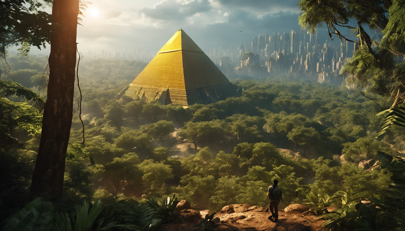 El Dourado, The lost city seen among the trees of a dense forest, A large golden pyramid seen from afar among the trees of an enclosed forest glowing with sunlight, fotografia realista, A settler in the middle of the enclosed jungle with a machete looks at the city and keeps cutting through the forest to get to the lost city.