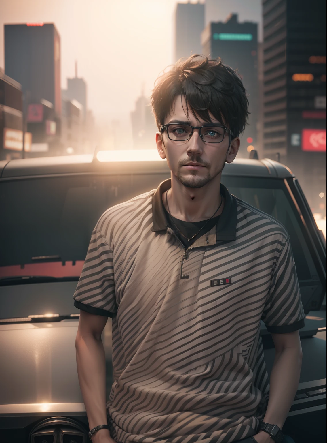 4k 3d realistic guy looking at camera withcyberpunk background