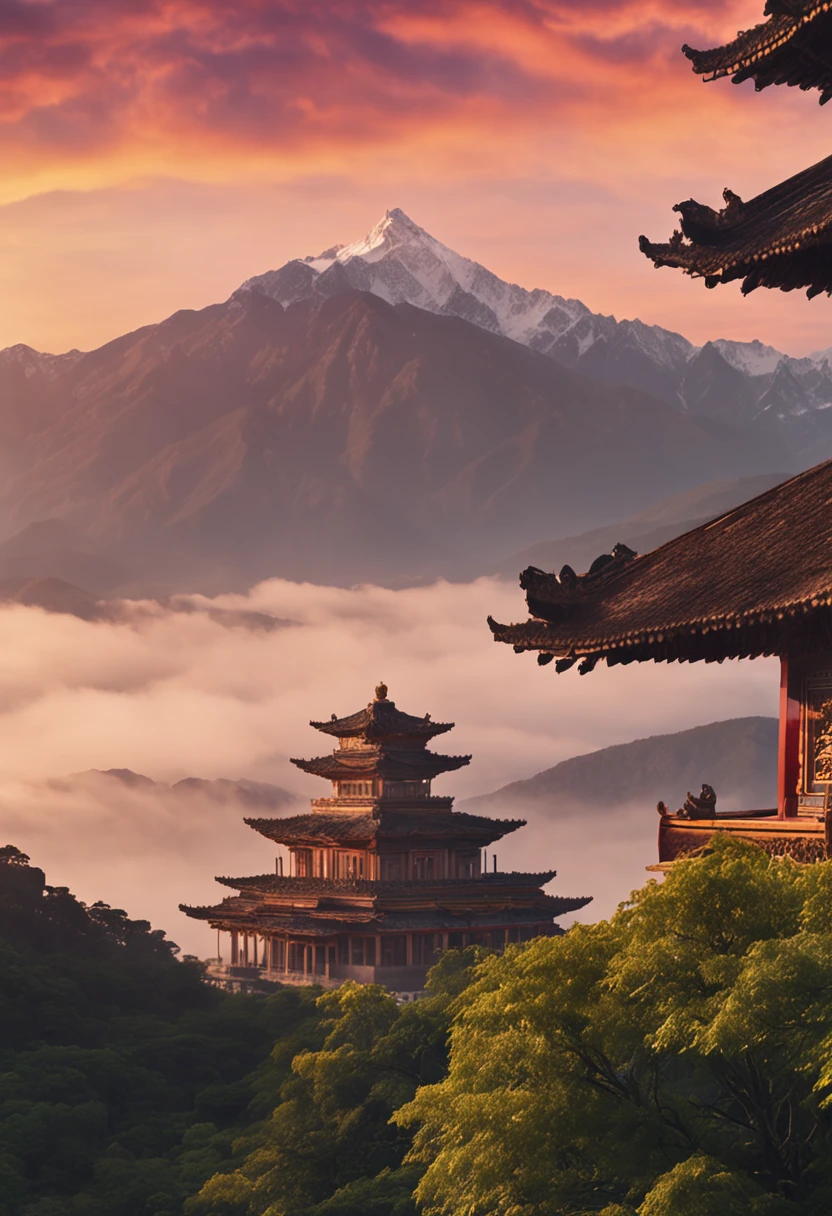 Long-range telephoto lens, dense fog, surrounding the top of the mountain, the distant mountain extending to the right of the picture, a golden ancient building in front of the mountain, pink clouds in the sky, increasing transparency, increasing global clarity, enhancing image quality, real shooting, high resolution, high definition, 16K --auto --s2