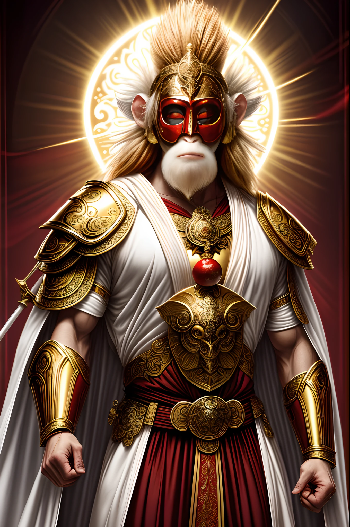 fantastic realism, myth god is monkey, holding ornament sword, (face fused with white and red eye line monkey full face mask:1.4), gold ring headgear, (glowing light brown hair, hair with hair lighting:1.4), (heaven white robe over red and gold ornamental armor:1.5), red boots, gold ring earrings, fountain pen drawing, thick oil paint coloring, (extremely finely detailed:1.26), epic high quality, insanely beautiful illustration,