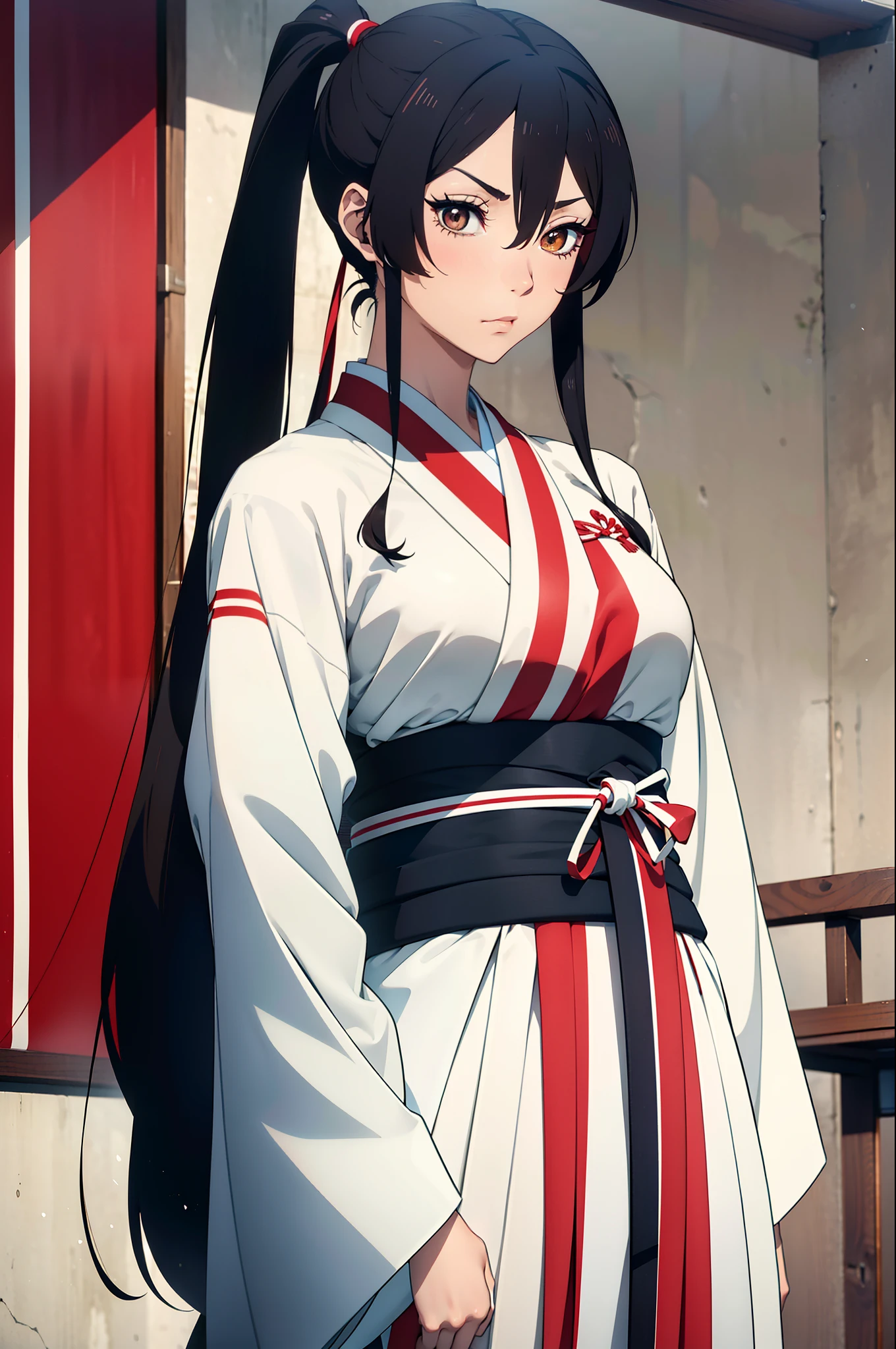 (tmasterpiece), (best qualtiy), (the detail: 1.4) asaemon_sagiri, 1girll, 独奏, Long_Hair, Sexy pose with katana, Katana Japan, White kimono with open breasts,wet cloths, Open underwear, breasts out, rough breath, Looking_at_peeping at the viewer, black_Hair, brown_Eyes, The upper part of the body_Body, pony tails, Sideburns, Japanese_clothes, komono,, High_pony tails, black haori, Beds,slim toned body