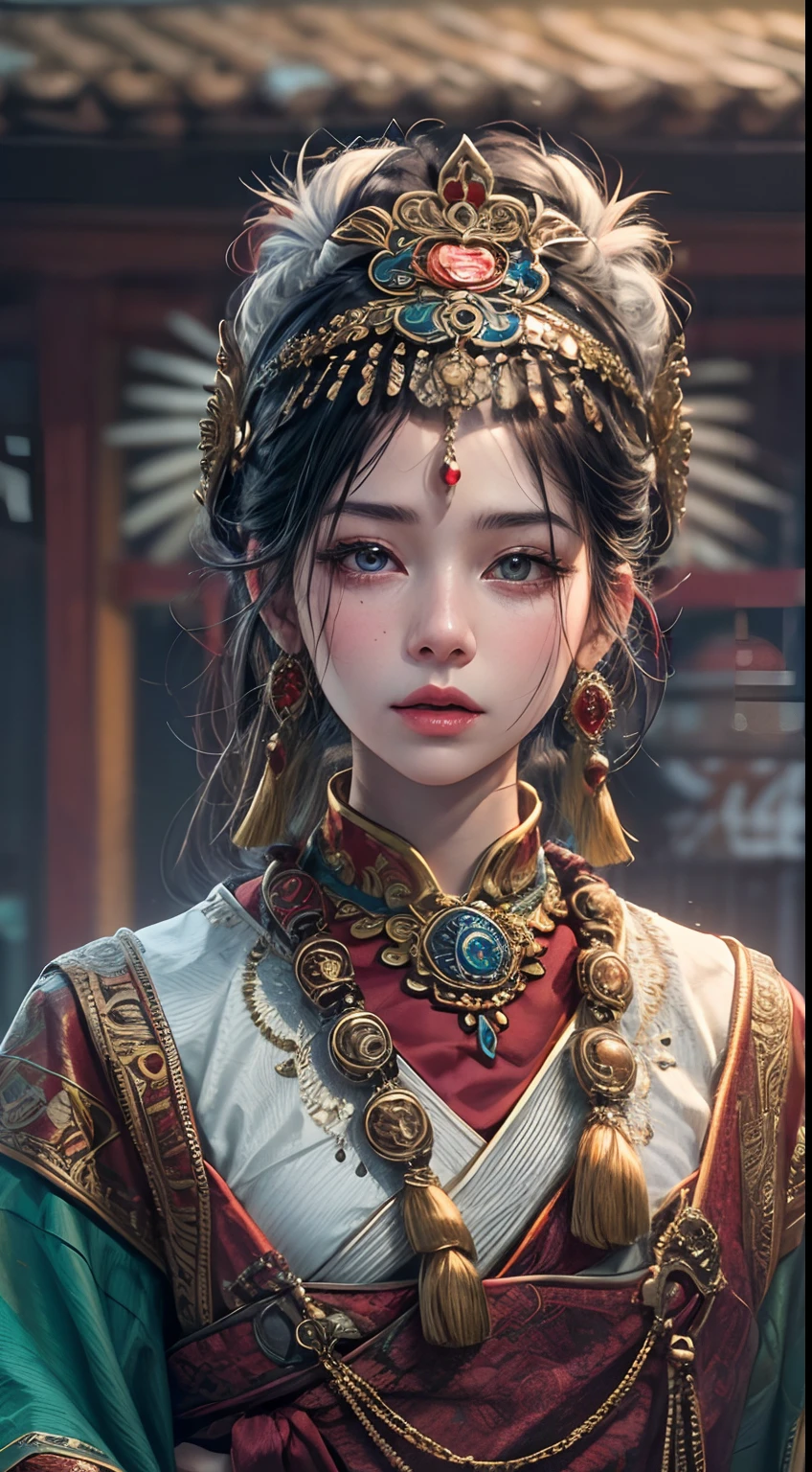 （tmasterpiece，best qualtiy，realisticlying：1.37），（Complex and sophisticated，Highly detailed skin and face），（1girll），独奏，standing on your feet，a beauty girl，Tibetan clothing，Colorful costumes， Fleece collar， Padded collar，High-end Tibetan clothing，Cumbersome Tibetan costume design，Warm clothing，Winter clothing，Appearance Yang Chaoran，Rounded face shape，Gorgeous Tibetan costumes，Cumbersome Tibetan necklace，Cumbersome Tibetan headdress，Colored headband，cinematic pastel lighting，8k wallpaper，Solidarity，artstation，High resolution CG