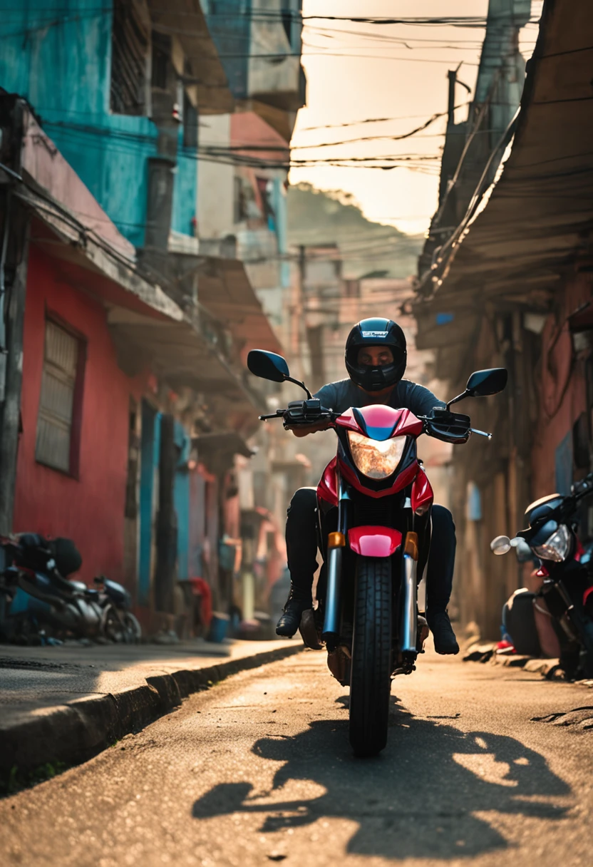 honda cg titan 160 inserted on a rio de janeiro favela, red, sun, hot weather