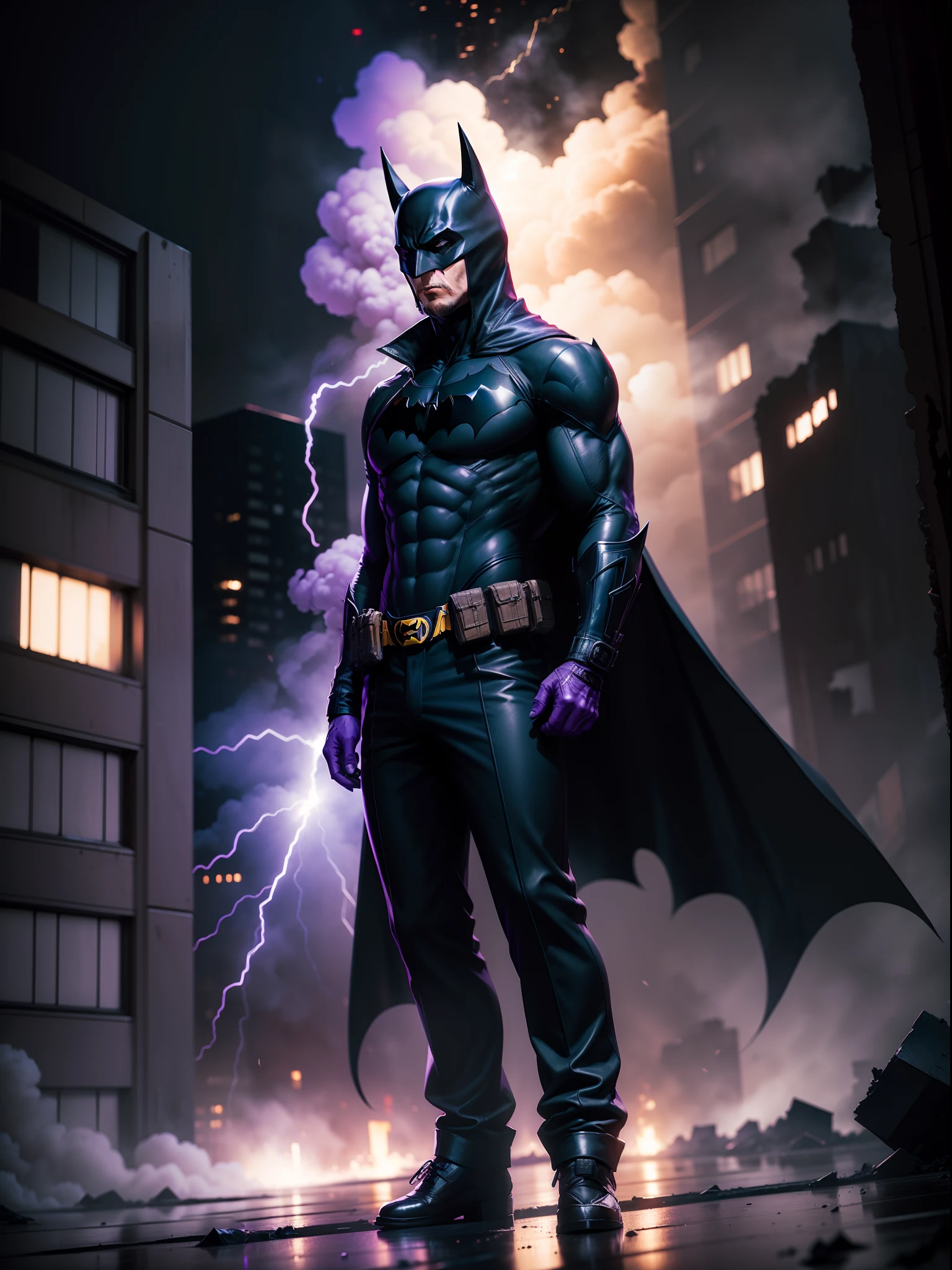 Christian Bale dressed in jacket and pants reminiscent of the batman costume with iconic batman logo, explosions, destroyed buildings collapsed, rising smoke, purple flames, reflected purple and blue lights, realistic, photography, Canon Eos R6