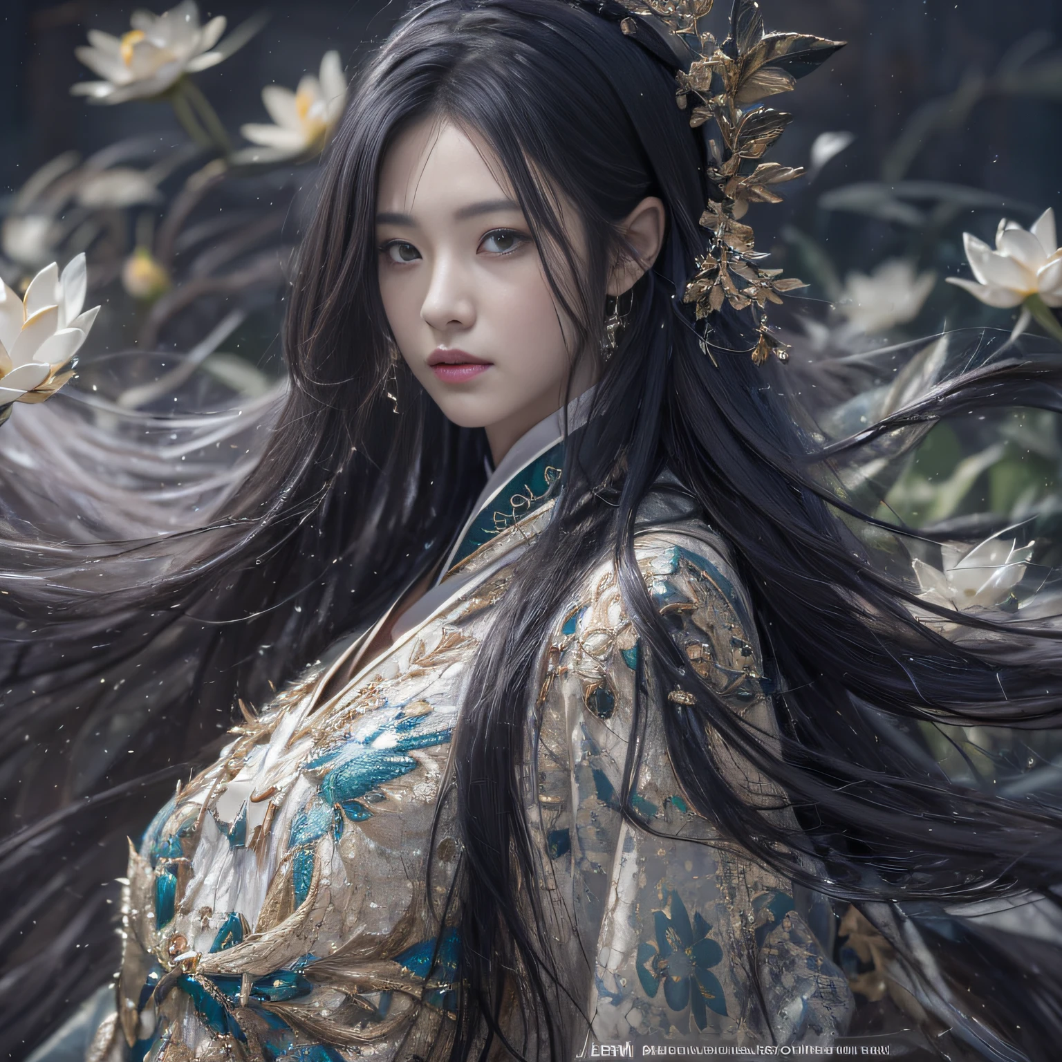 32K(tmasterpiece,k hd,hyper HD,32K)Long flowing black hair,ponds,zydink, a color, Asian people (Silly girl), (Silk scarf), Combat posture, looking at the ground, long whitr hair, Floating hair, Python headdress, Chinese long-sleeved clothing, (abstract ink splash:1.2), white backgrounid,Lotus Protector(realisticlying:1.4),Black color hair,Snowflakes fluttering,The background is pure, A high resolution, the detail, RAW photogr, Sharp Re, Nikon D850 Film Stock Photo by Jefferies Lee 4 Kodak Portra 400 Camera F1.6 shots, Rich colors, ultra-realistic vivid textures, Dramatic lighting, Unreal Engine Art Station Trend, cinestir 800,Long flowing black hair