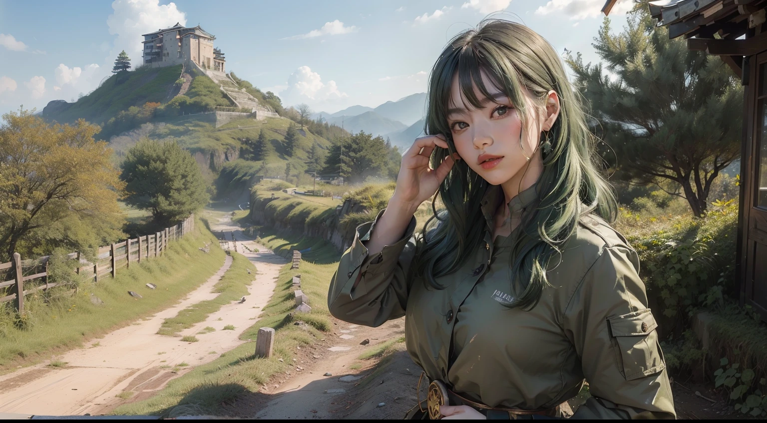 (realisitic,Photorealsitic:1.4),(1 beauty:1.3),(beautiful countenance:1.5),Detailed shiny skin,A detailed eye,Precise hands and fingers,8K HDR, , masterpiece, (Dynamic Angle Video),电影灯光, Finely drawn backgrounds,(Decadent,scientific fiction,mud, Dust and dirt,Traces of war:1.2)韓国アイドル,Autumn outfit,Moss Green Hair,Curly hair,Deities々Shii Izumo,Scenery of the summit,lonely pose,Composition looking up from below,
