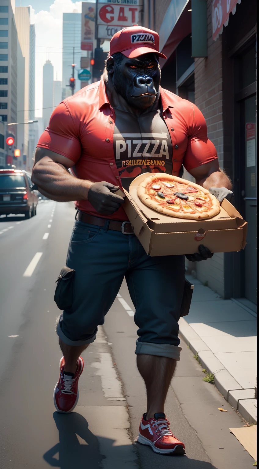 ultra realistic scene of gorilla works in pizza delivery, wears a pizza man costume, holds a pizza in his hand, and drives a pizza delivery motor, downtown 90 style. ultra details c4d rendering