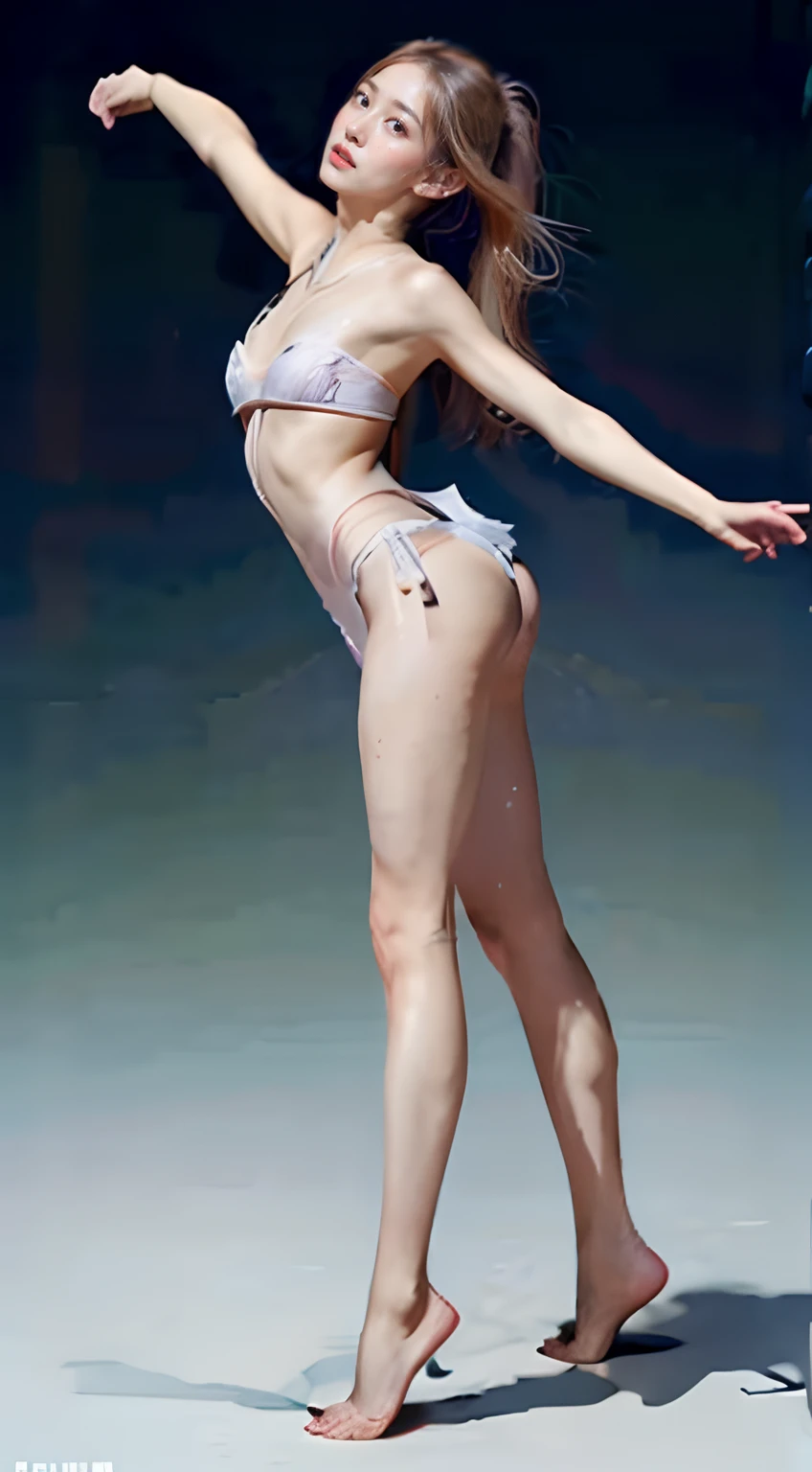 (8K、Raw photography、top-quality、masterpiece:1.2)、(Anatomically correct body、realisitic、Photorealsitic:1.37)、ultra-detailliert、(((Low Angle Full Body Shot)))、realistic eyes and face details、realistic skin textures、natural skin textures、Fair skin、A detailed face、真实感、Realistic background、Realistic lighting、Hallyu idol、Maid costumes、Athlete body shape、long limbs、(Anatomical)、profetional lighting、电影灯光、darkened room、(Stand up and lean forward、Stick your little butt out towards the camera、posterior view、Sweaty lower body)