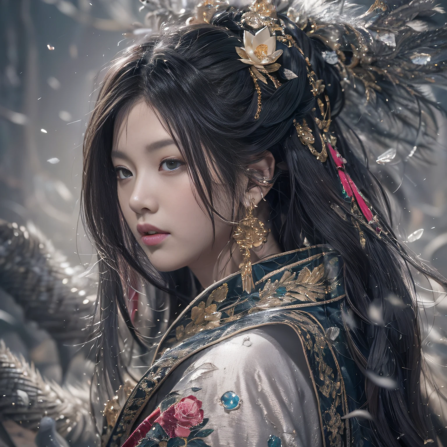 32K(tmasterpiece,k hd,hyper HD,32K)Long flowing black hair,ponds,zydink, a color, Asian people (Silly girl), (Silk scarf), Combat posture, looking at the ground, long whitr hair, Floating hair, Python headdress, Chinese long-sleeved clothing, (abstract ink splash:1.2), white backgrounid,Lotus Protector(realisticlying:1.4),Black color hair,Snowflakes fluttering,The background is pure, A high resolution, the detail, RAW photogr, Sharp Re, Nikon D850 Film Stock Photo by Jefferies Lee 4 Kodak Portra 400 Camera F1.6 shots, Rich colors, ultra-realistic vivid textures, Dramatic lighting, Unreal Engine Art Station Trend, cinestir 800,Long flowing black hair
