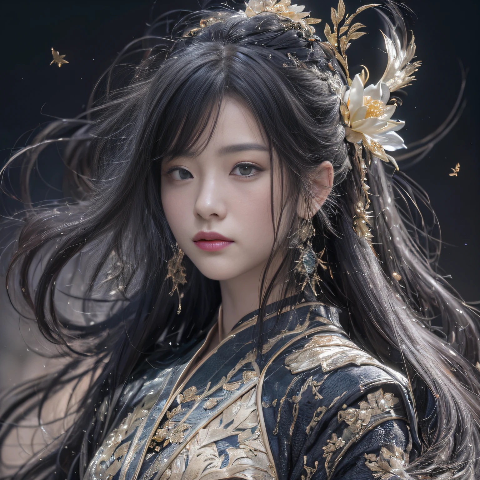 32K(tmasterpiece,k hd,hyper HD,32K)Long flowing black hair,ponds,zydink, a color, Asian people (Silly girl), (Silk scarf), Combat posture, looking at the ground, long whitr hair, Floating hair, Python headdress, Chinese long-sleeved clothing, (abstract ink splash:1.2), white backgrounid,Lotus Protector(realisticlying:1.4),Black color hair,Snowflakes fluttering,The background is pure, A high resolution, the detail, RAW photogr, Sharp Re, Nikon D850 Film Stock Photo by Jefferies Lee 4 Kodak Portra 400 Camera F1.6 shots, Rich colors, ultra-realistic vivid textures, Dramatic lighting, Unreal Engine Art Station Trend, cinestir 800,Long flowing black hair