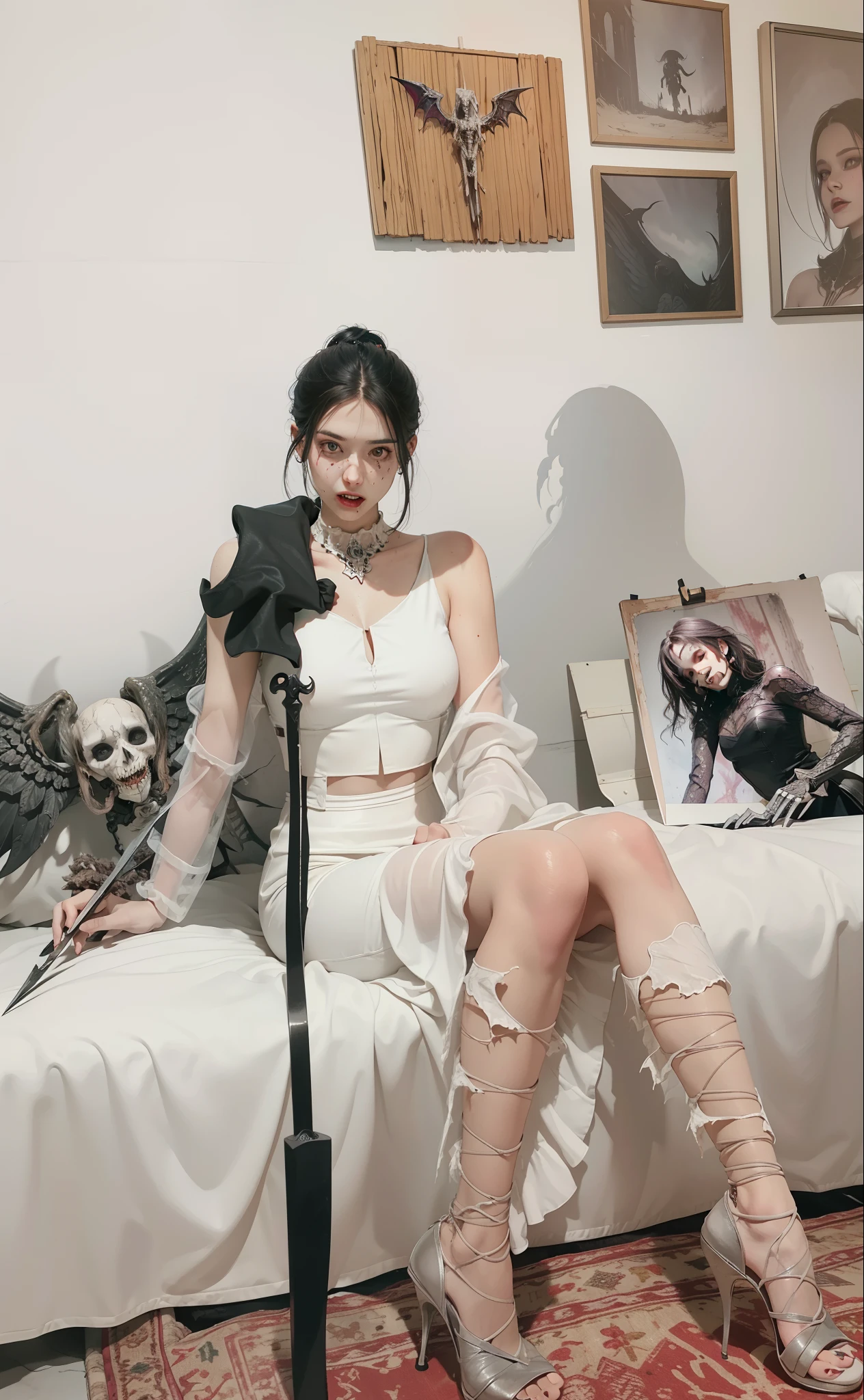 Fine matte paint，Skeleton Dark Angel, Haunted castle with large wings, Fill the drawing table with a knife，terroral，uncanny，horrid，secret terror，tentaculata，grape trees，The eye，uncanny valley effect teeth，all  fours，Critters，Blood Moon，Sharp fangs，vampire tooth，Blood