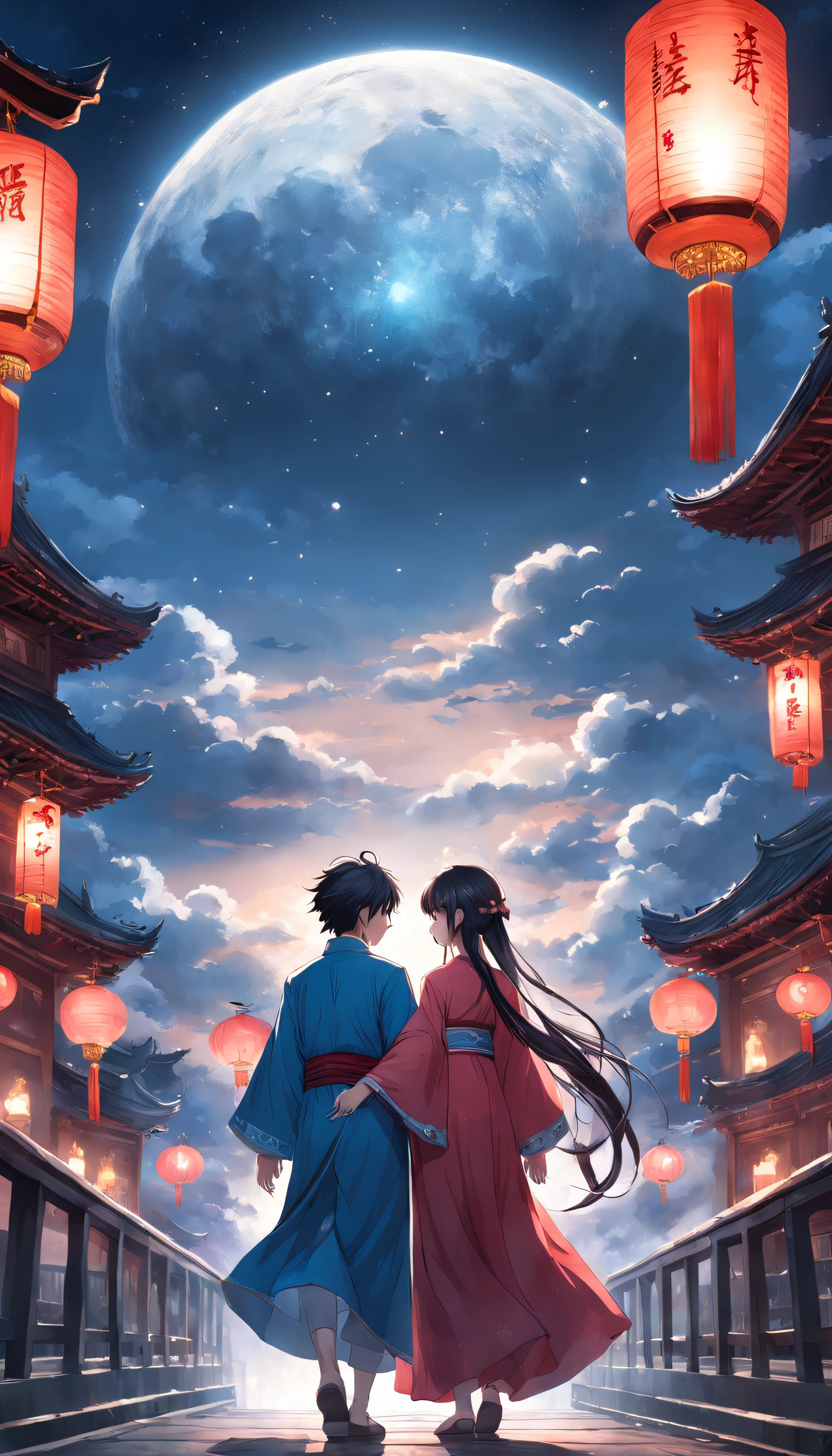 (panorama,magic realism, anime big breast,masterpiece, UHD, super detail, high details, best quality, highres, highres, award winning, award winning, anatomically correct, 8k,),(A girl and a boy hold hands on a bridge,Round moon,Holding hands in the moonlight,Peaceful night sky in the background,Traditional romance, xianxia fantasy, Chinese fantasy, beautiful moonlight night, Chinese style, moonlit night dreamy atmosphere),(Boy in blue and anime girl in red dress:1.5,Delicate girl,beuaty girl,Chinese Hanfu,inspired by Leng Mei,Romantic atmosphere:1.5,cinematic lighting,Chinese premium color scheme)