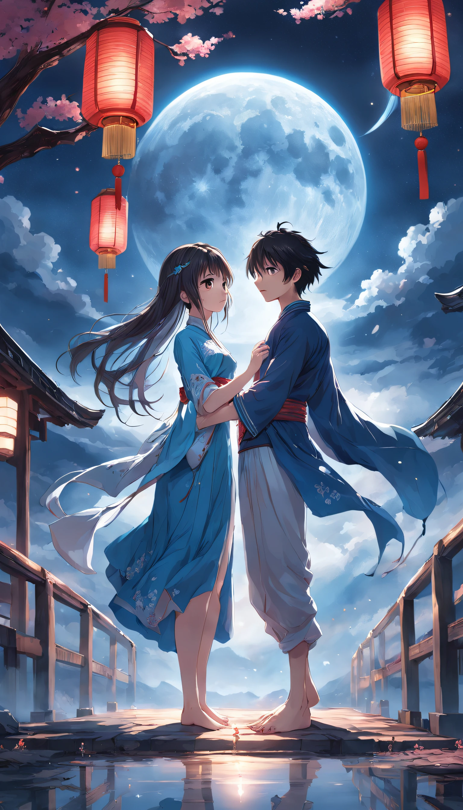 (panorama,magic realism, anime big breast,masterpiece, UHD, super detail, high details, best quality, highres, highres, award winning, award winning, anatomically correct, 8k,),(A girl and a boy hold hands on a bridge,Round moon,Holding hands in the moonlight,Peaceful night sky in the background,Traditional romance, xianxia fantasy, Chinese fantasy, beautiful moonlight night, Chinese style, moonlit night dreamy atmosphere),(Boy in blue and anime girl in red dress:1.5,Delicate girl,beuaty girl,Chinese Hanfu,inspired by Leng Mei,Romantic atmosphere:1.5,cinematic lighting,Chinese premium color scheme)