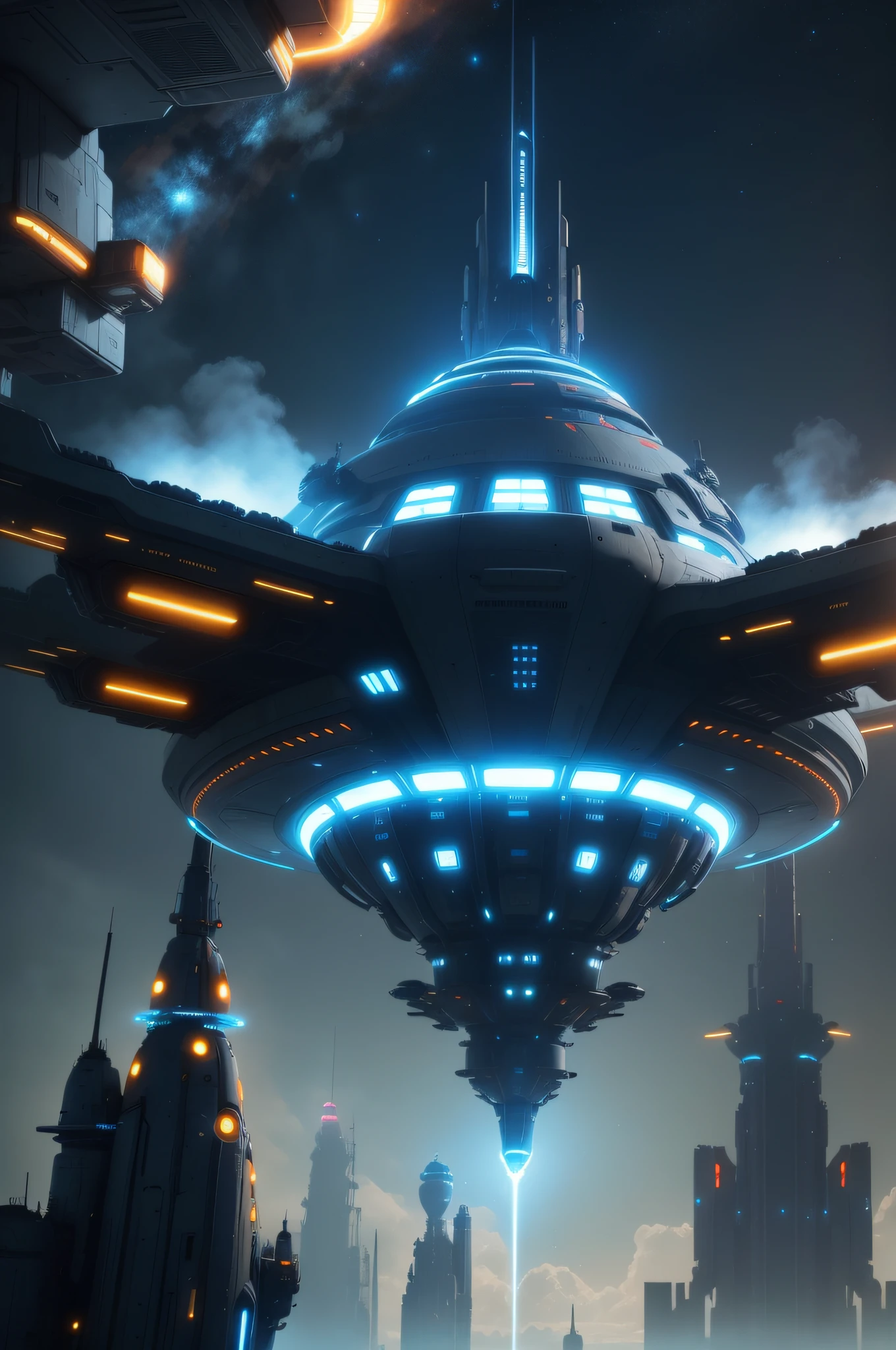 Fantasy Technology Future Technology Dream City,Spaceships fly in the sky:1.8,Mothership crossing,Starship(surface details:1.2),(Planet Shuttle:1.8),Metallic surface glossy details:1.6,Red、blueglow、The yellow light is colorful,cyber punk perssonage,Dream Tech