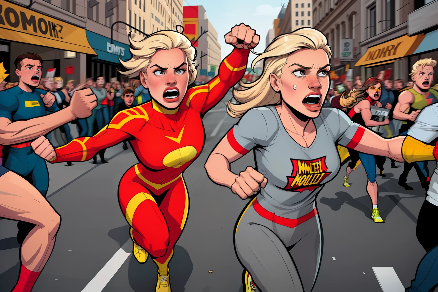 protest, woman, getting punched, scared, screaming, running away, crowd, blonde hair, wearing a grey jersy, city street, people wearing yellow and red clothes, comic book style, flat shaded, prominent comic book outline linework