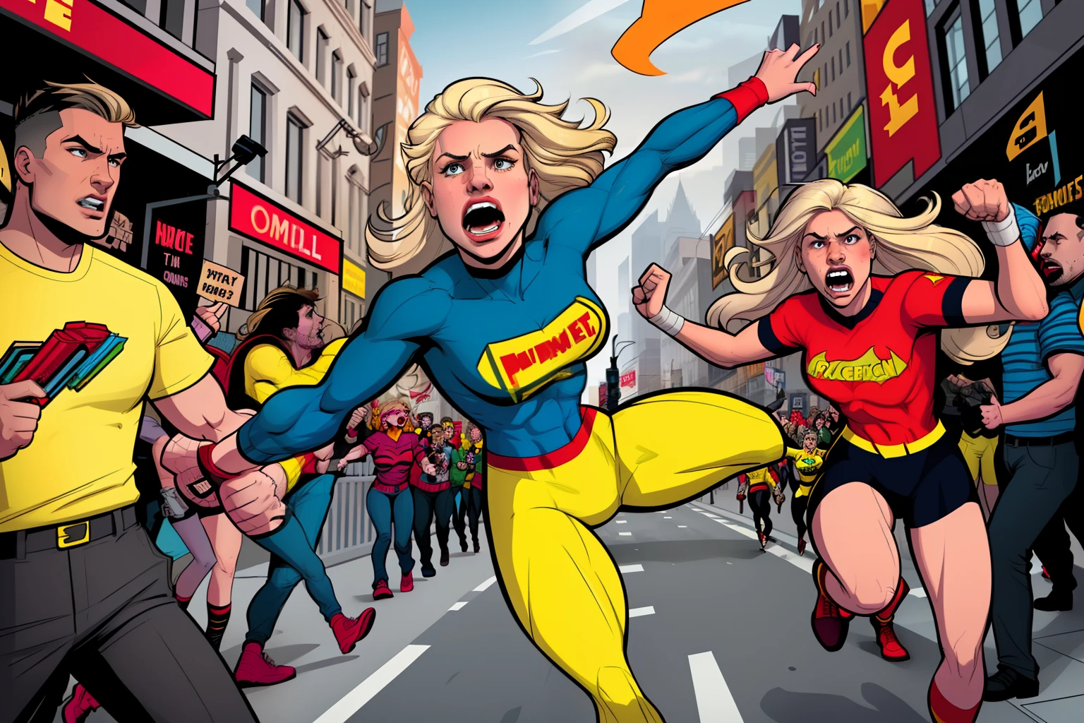 protest, woman, getting punched, scared, screaming, running away, crowd, blonde hair, wearing a grey jersy, city street, people wearing yellow and red clothes, comic book style, flat shaded, prominent comic book outline linework
