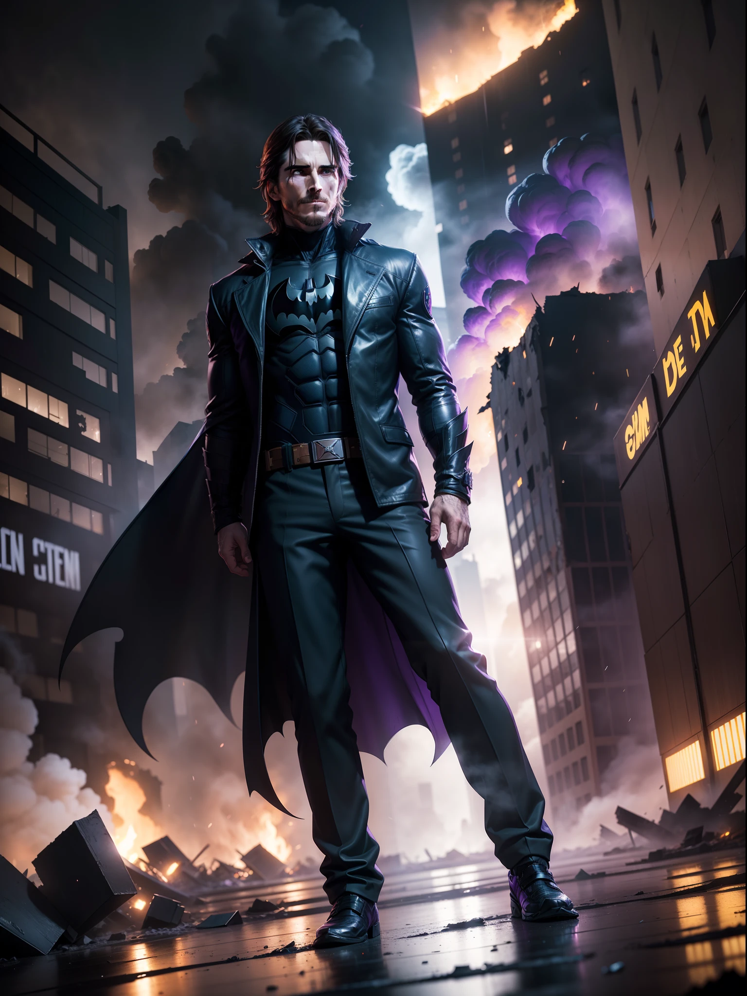 Christian Bale dressed in jacket and pants reminiscent of the batman costume with iconic batman logo, explosions, destroyed buildings collapsed, rising smoke, purple flames, reflected purple and blue lights, realistic, photography, Canon Eos R6