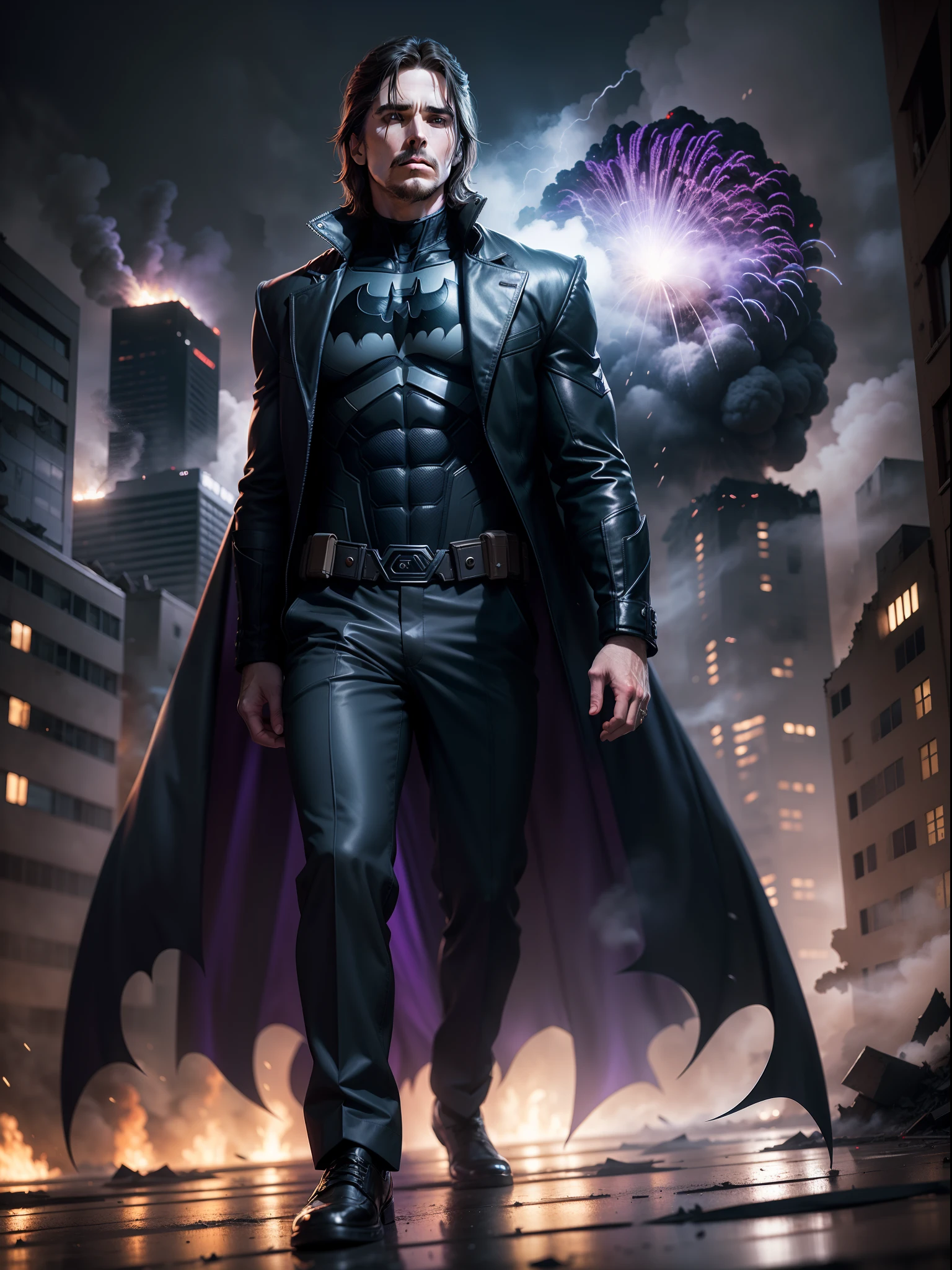 Christian Bale dressed in jacket and pants reminiscent of the batman costume with iconic batman logo, explosions, destroyed buildings collapsed, rising smoke, purple flames, reflected purple and blue lights, realistic, photography, Canon Eos R6