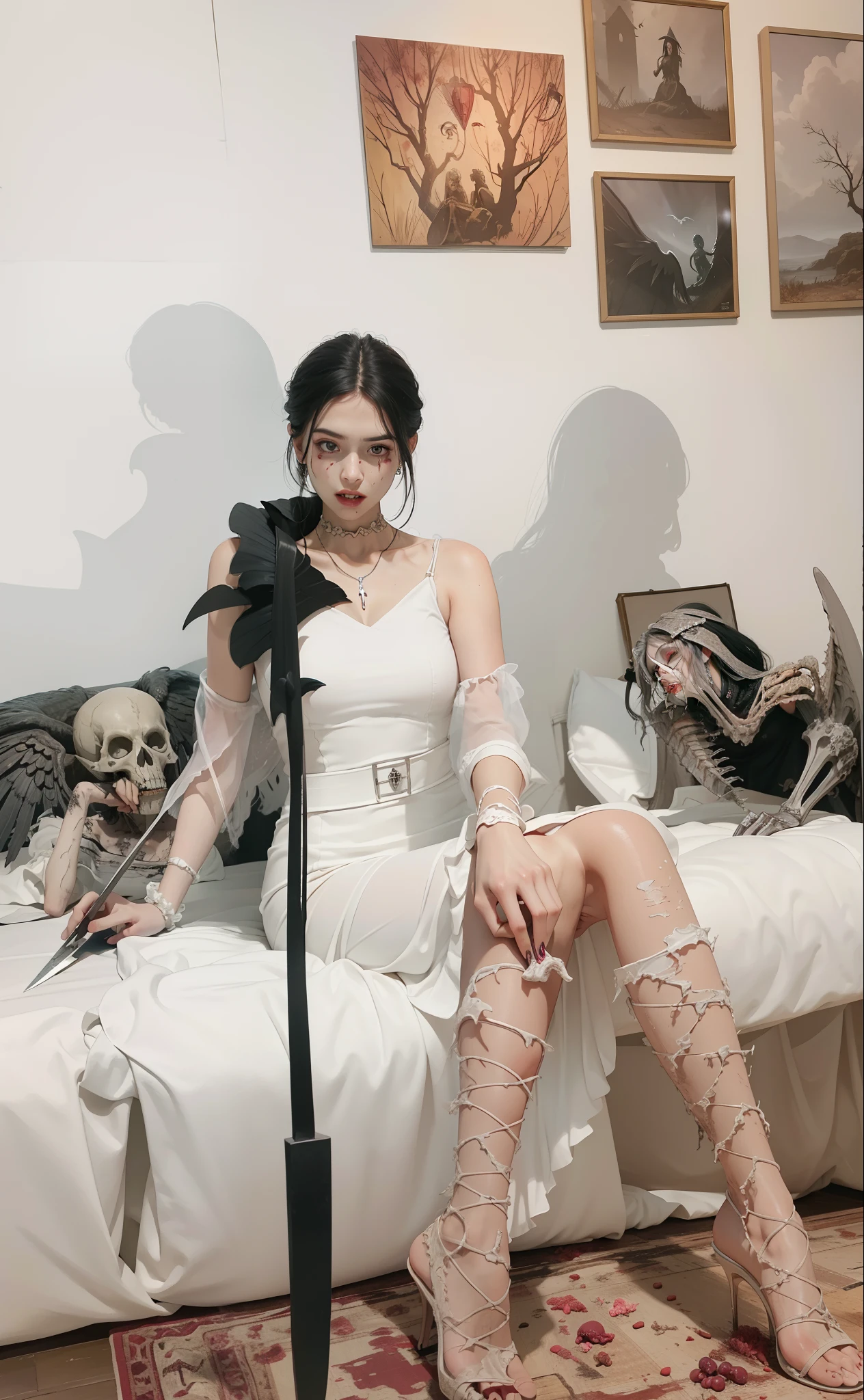 Fine matte paint,Skeleton Dark Angel, Haunted castle with large wings, Fill the drawing table with a knife,terroral,uncanny,horrid,secret terror,tentaculata,grape trees,The eye,uncanny valley effect teeth,all fours,Critters,Blood Moon,Sharp fangs,vampire tooth,Blood