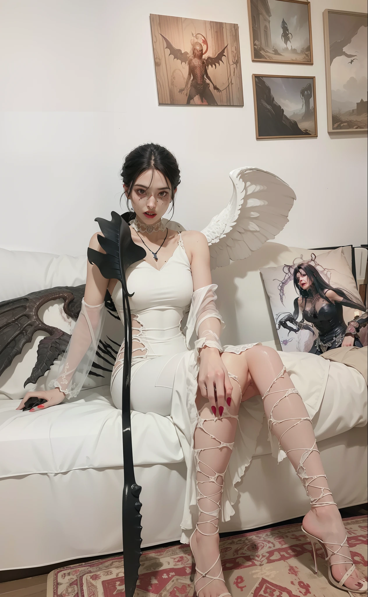 Fine matte paint,Skeleton Dark Angel, Haunted castle with large wings, Fill the drawing table with a knife,terroral,uncanny,horrid,secret terror,tentaculata,grape trees,The eye,uncanny valley effect teeth,all fours,Critters,Blood Moon,Sharp fangs,vampire tooth,Blood