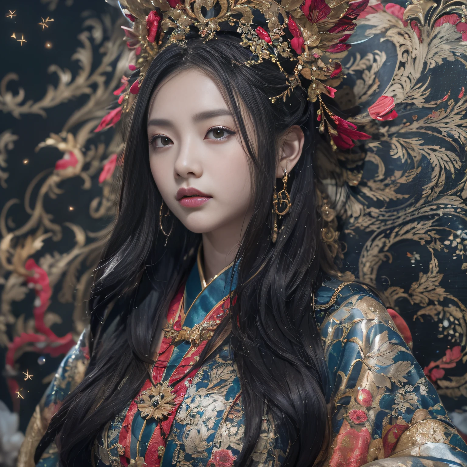 32K(tmasterpiece,k hd,hyper HD,32K)Long flowing black hair,ponds,zydink, a color, Asian people (Silly girl), (Silk scarf), Combat posture, looking at the ground, long whitr hair, Floating hair, Python headdress, Chinese long-sleeved clothing, (abstract ink splash:1.2), white backgrounid,Lotus Protector(realisticlying:1.4),Black color hair,Snowflakes fluttering,The background is pure, A high resolution, the detail, RAW photogr, Sharp Re, Nikon D850 Film Stock Photo by Jefferies Lee 4 Kodak Portra 400 Camera F1.6 shots, Rich colors, ultra-realistic vivid textures, Dramatic lighting, Unreal Engine Art Station Trend, cinestir 800,Long flowing black hair