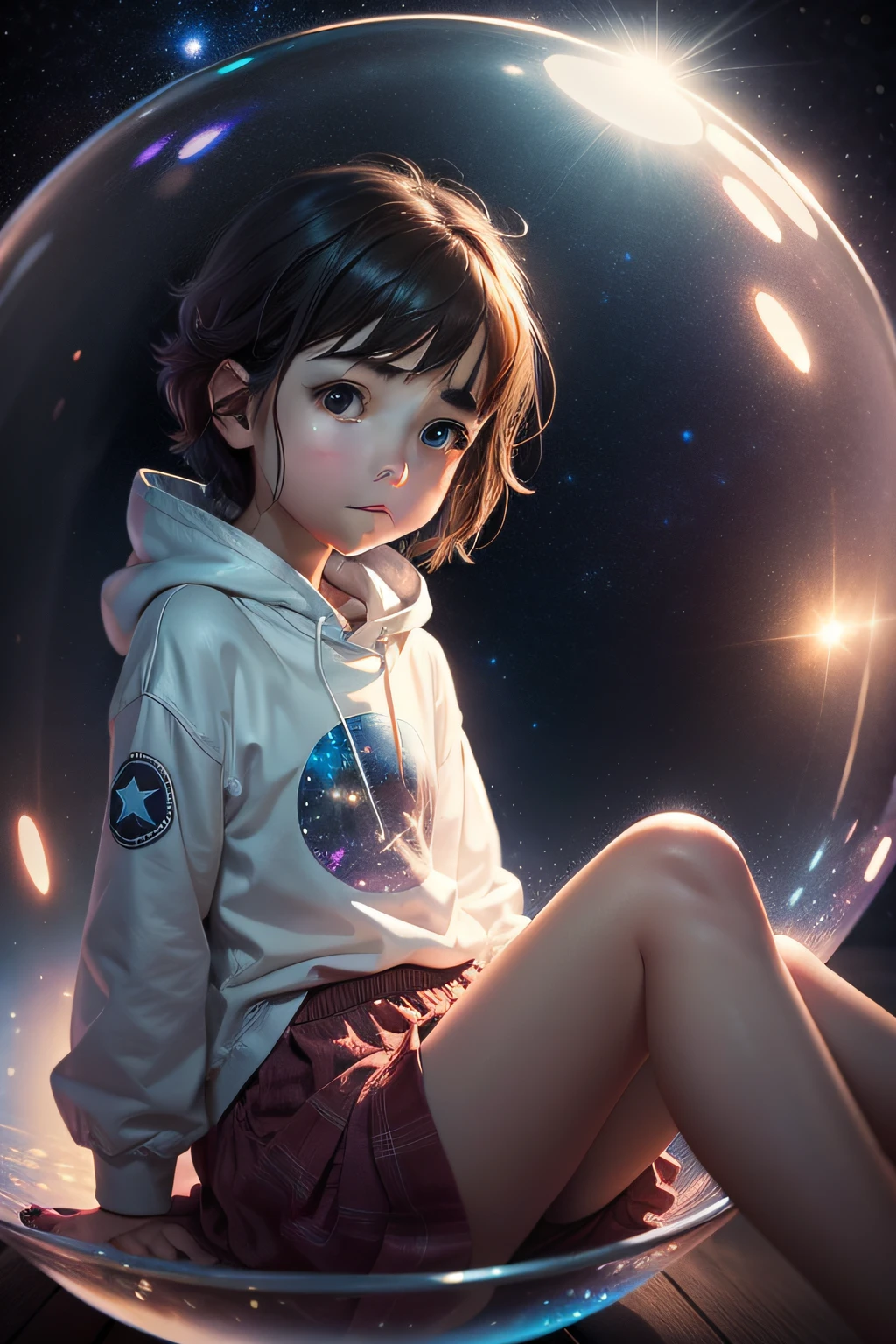  in house clothes sitting in bubbles，Floating in space Looking at the starry sky outside with a curious face，Estilo de Makoto Shinkai，hyper photorealism