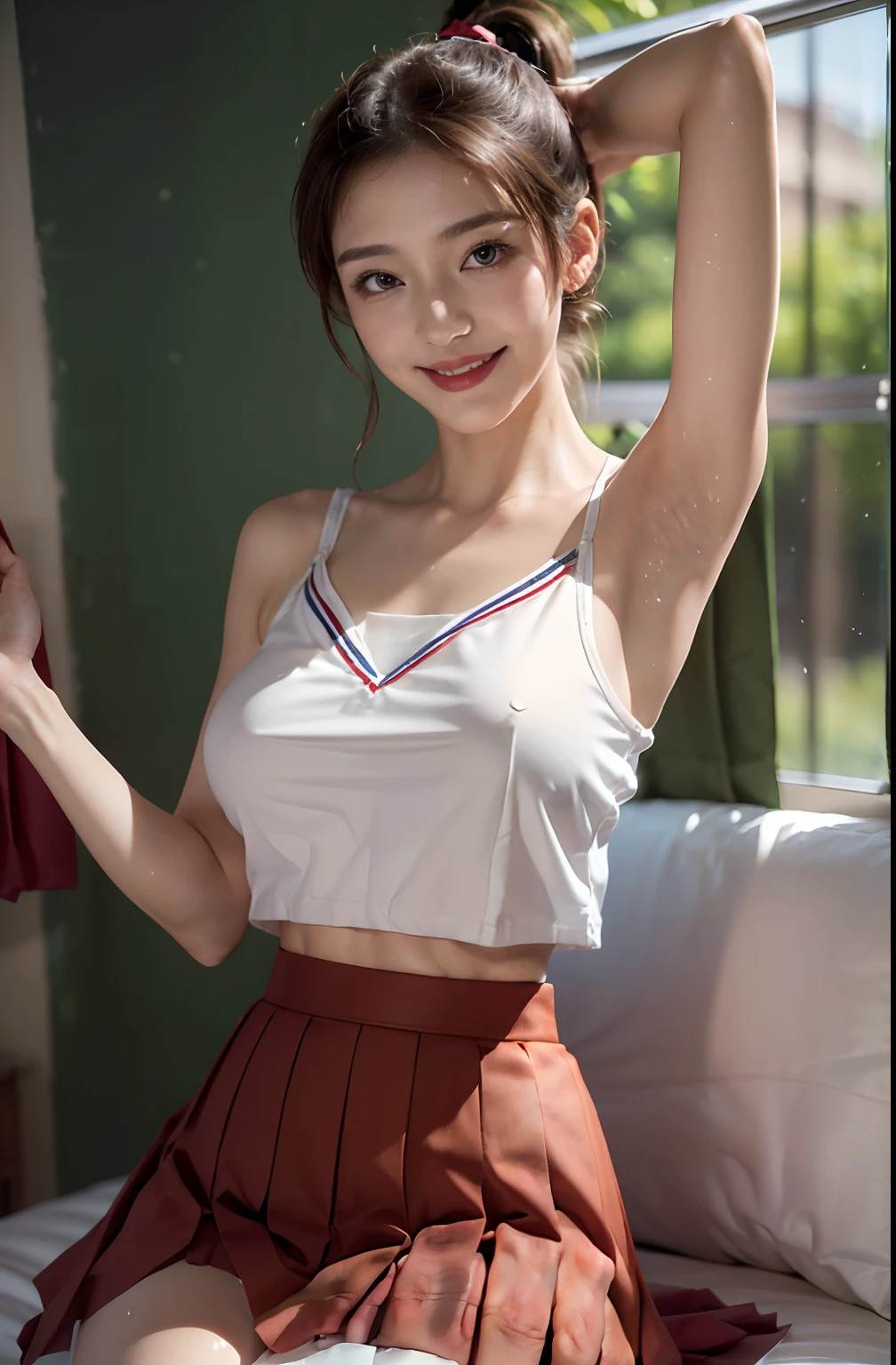 ((Pose with both hands raised to show the left and right armpits、showing your whole body、in class room、In front of the blackboard in the classroom、Stand in front of the chalkboard、Armpit、We show the armpits in detail、red lipsticks、Oiled shiny armpits,、Glossy shiny armpits with oil、Realistic and detailed armpits、Armpits shining with sweat、White bra、Ultra-realistic armpit wrinkles、Japanese high school girl、White bra on upper body、Japan schoolgirl uniform skirt))、Detailed armpit wrinkles、realistic armpit、Bright red lipstick、Photograph the whole body、Full-body figure、Show the armpits、Glossy armpits、White bra and sailor suit skirt、red lipsticks、ssmile、high-ponytail Hairstyle)), ((Showing off armpits in a white bra and uniform skirt、独奏、A smile)) 、(photos realistic、Show underarms、Armpits shine), (hight resolution), (8K), (ighly detailed), (Best Live Action), (beatiful detailed eyes), (top-quality), (ultra-detailliert), (masterpiece), (wall-paper), (详细的脸), drooing eyes,perspiring,Your body is shiny with sweat、Armpit,inner colored,独奏,Japanese high school girl、White bra、In uniform skirts、Armpit、red lipsticks、Raise your hand to show your armpits、Armpit、 (photos realistic), (hight resolution), (8K), (ighly detailed), (Best Live Action), (beatiful detailed eyes), (top-quality), (ultra-detailliert), (masterpiece), (wall-paper), (详细的脸), drooing eyes、Armpit,High Ponytail、inner colored,独奏, Japanese high school girl、((Uniform skirts:1.4))、 (top-quality、8K、masterpiece:1.3)、Raw photography、realisitic、Photorealsitic、Beautiful legs、acurate、Anatomically correct body