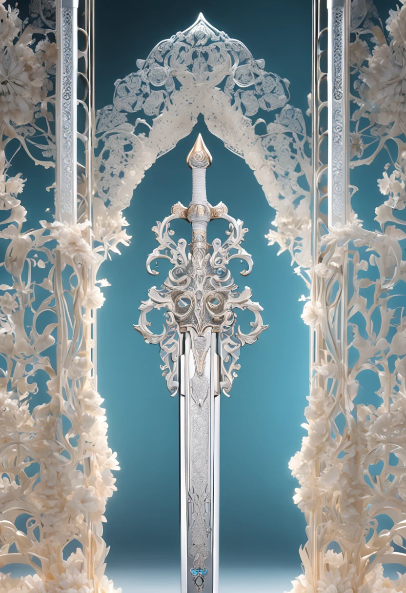 The pure white sword body is delicate and exquisitely ornamented,(((The body of the sword is designed with diamond and light blue particle effect filigree patterns:1.3))), Edge, (The sword body is symmetrically ornamented:1.3), (the swords entire blade is centered:1.3), Mid-range close-up,(Overall silhouette:1.3),(Fantastic angelica flowers background:1.2), Ultra photo realism, super-fine, 8K,Premium wallpapers,Highest image quality,3D,C4D,Master masterpieces,octane rendering