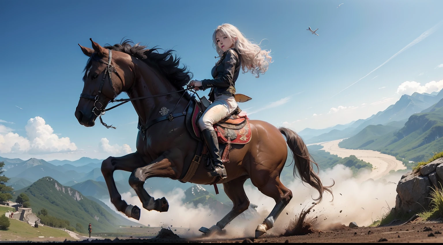 (realisitic,Photorealsitic:1.4),(1 beauty:1.3),(beautiful countenance:1.5),Detailed shiny skin,A detailed eye,Precise hands and fingers,8K HDR, , masterpiece, (Dynamic Angle Video),电影灯光, Finely drawn backgrounds,(Decadent,scientific fiction,mud, Dust and dirt,Traces of war:1.2)韓国アイドル,gyaru fashion,Silver Hair,Curly hair,on a horse,Mountains of China,Scenery of the summit,Brave Pose,Composition viewed from behind at an angle,
