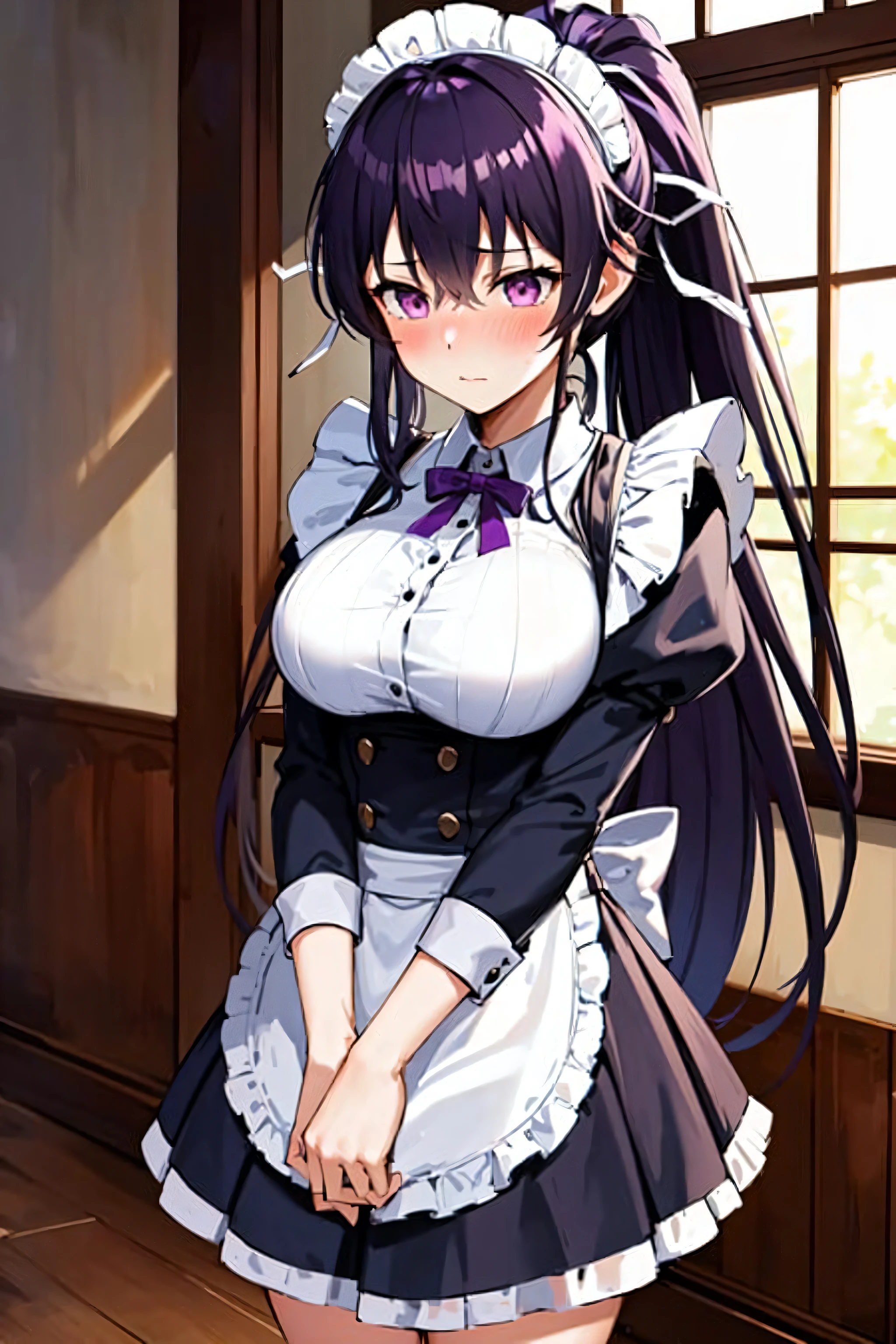 masterpiece, best quality, highres, 1girl, solo, purple eyes, very long hair, hair ribbon, ponytail, black hair, large breasts, purple hair, maid, indoors, maid headdress, embarrassed, blush, standing,