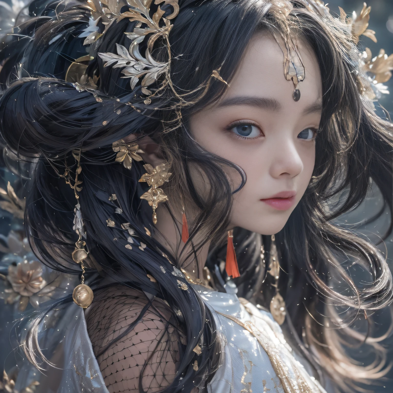 32K（tmasterpiece，k hd，hyper HD，32K）Long flowing black hair，ponds，zydink， a color，  Asian people （Silly girl）， （Silk scarf）， Combat posture， looking at the ground， long whitr hair， Floating hair， Python headdress， Chinese long-sleeved clothing， （abstract ink splash：1.2）， white backgrounid，Lotus Protector（realisticlying：1.4），Black color hair，Snowflakes fluttering，The background is pure， A high resolution， the detail， RAW photogr， Sharp Re， Nikon D850 Film Stock Photo by Jefferies Lee 4 Kodak Portra 400 Camera F1.6 shots, Rich colors, ultra-realistic vivid textures, Dramatic lighting, Unreal Engine Art Station Trend, cinestir 800，Long flowing black hair