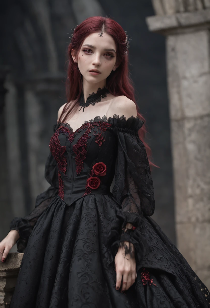 ((masterpiece)), Vampire princess, (absurdres, highres, ultra detailed),1girl, backlighting, bare shoulders, black background, black gothic dress, black and pink hair, blood, cowboy shot, dress, ornate ancient earrings, expressionless, roses, light particles, long hair, looking at viewer, off-shoulder gothic ancient boned design dress, rose petals, red eyes,
