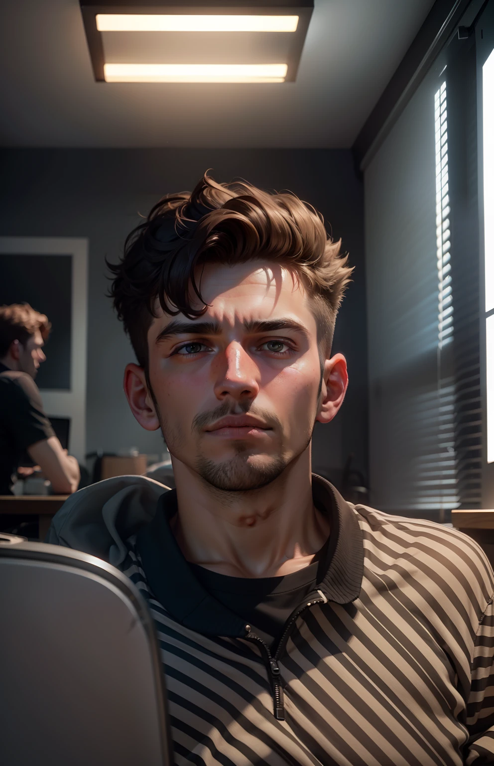 23 year old guy sitting in front of desk looking at the camera 4k 3d with cinematic lighting